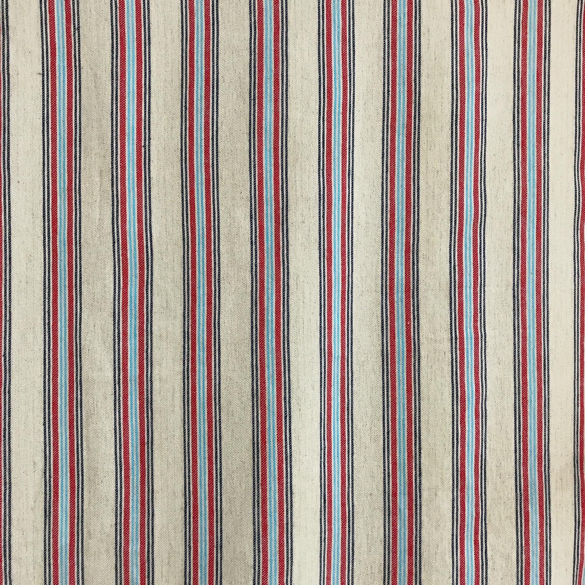 Indigo Red and Light Blue Vertical Stripe Curtain on Natural Beige