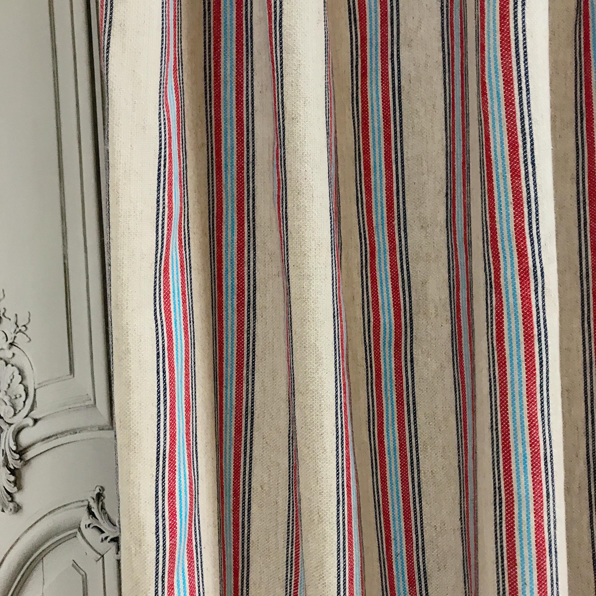 Indigo Red and Light Blue Vertical Stripe Curtain on Natural Beige
