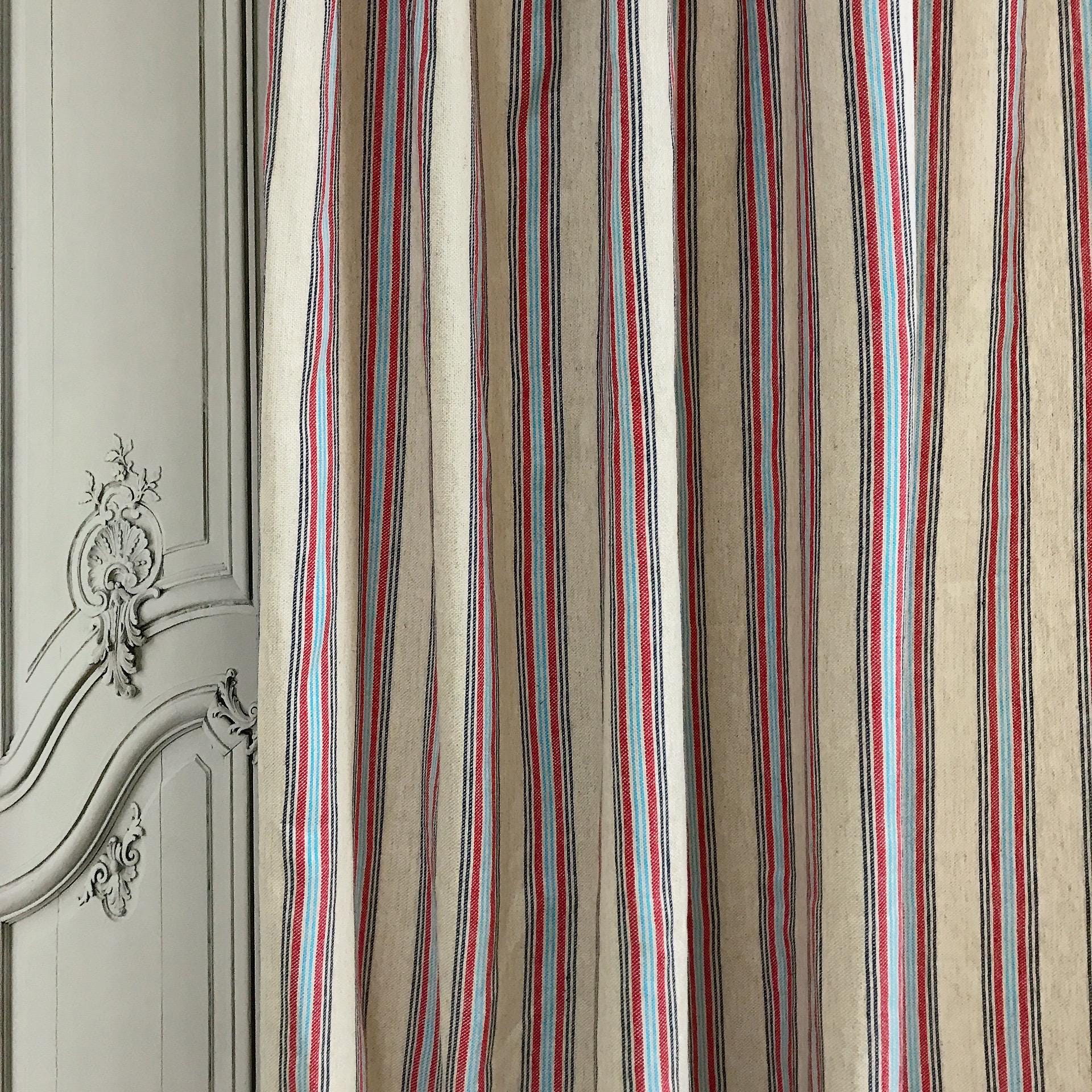 Indigo Red and Light Blue Vertical Stripe Curtain on Natural Beige
