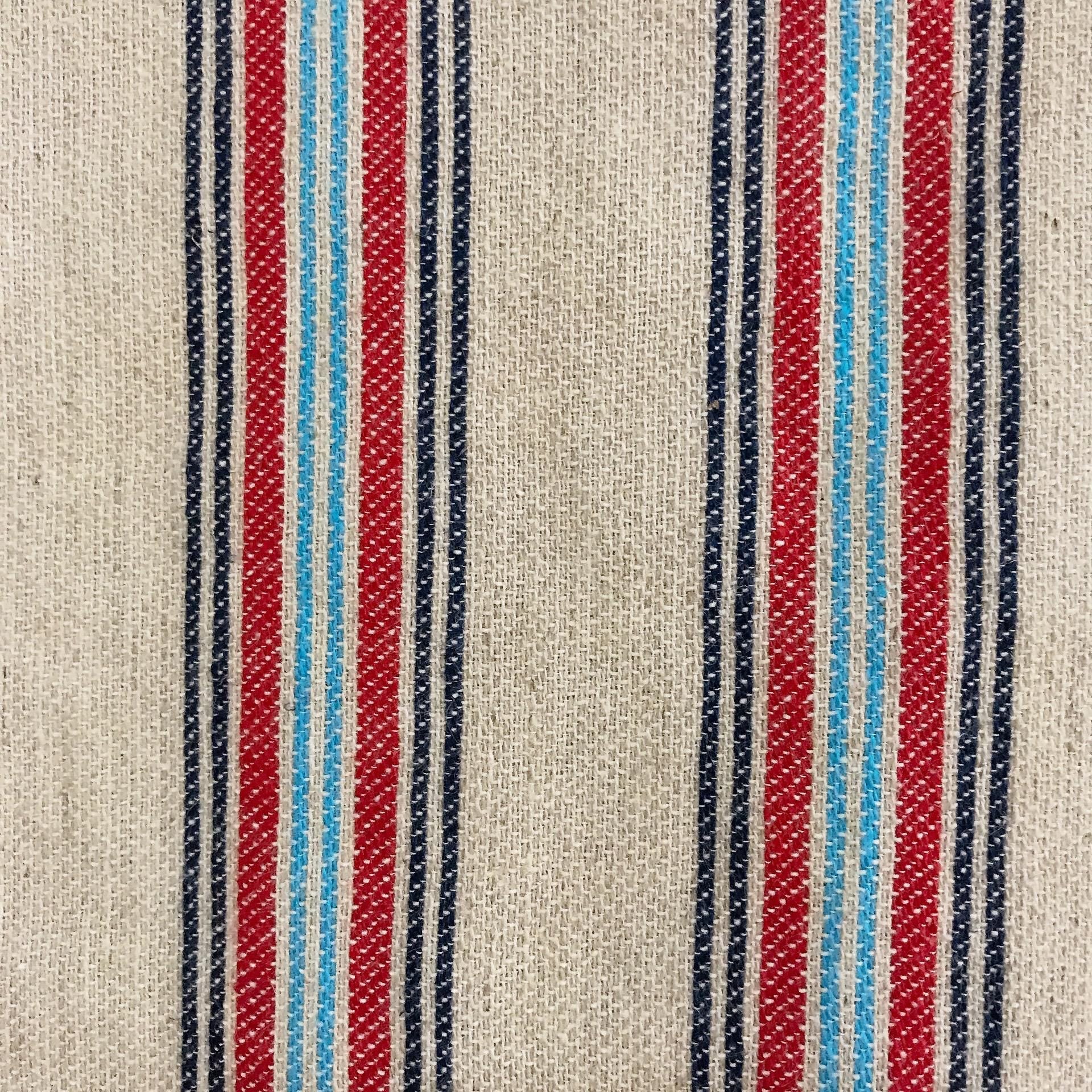 Indigo Red and Light Blue Vertical Stripe Curtain on Natural Beige