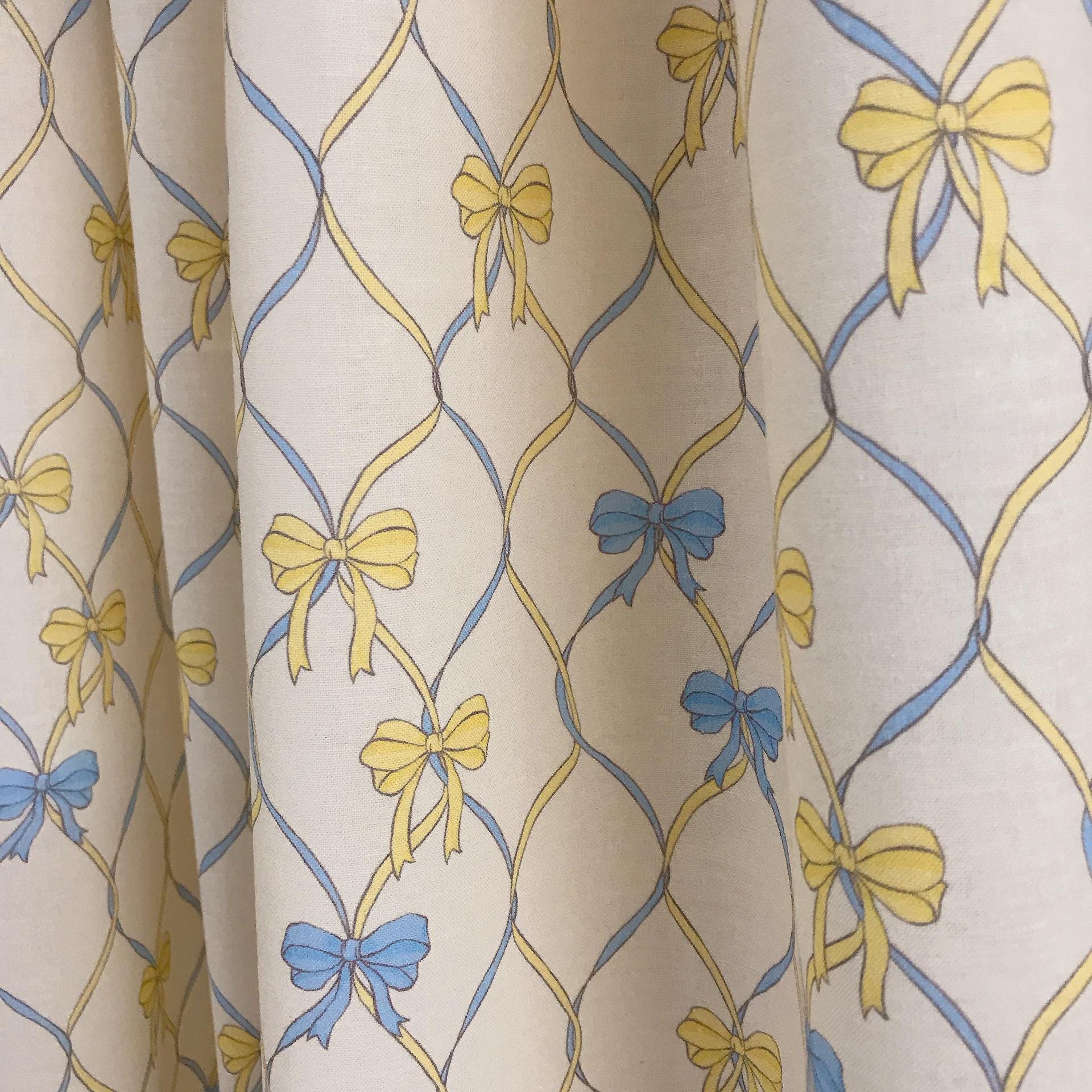 Yellow Blue Vertical Vine Ribbons Curtain on Natural Beige