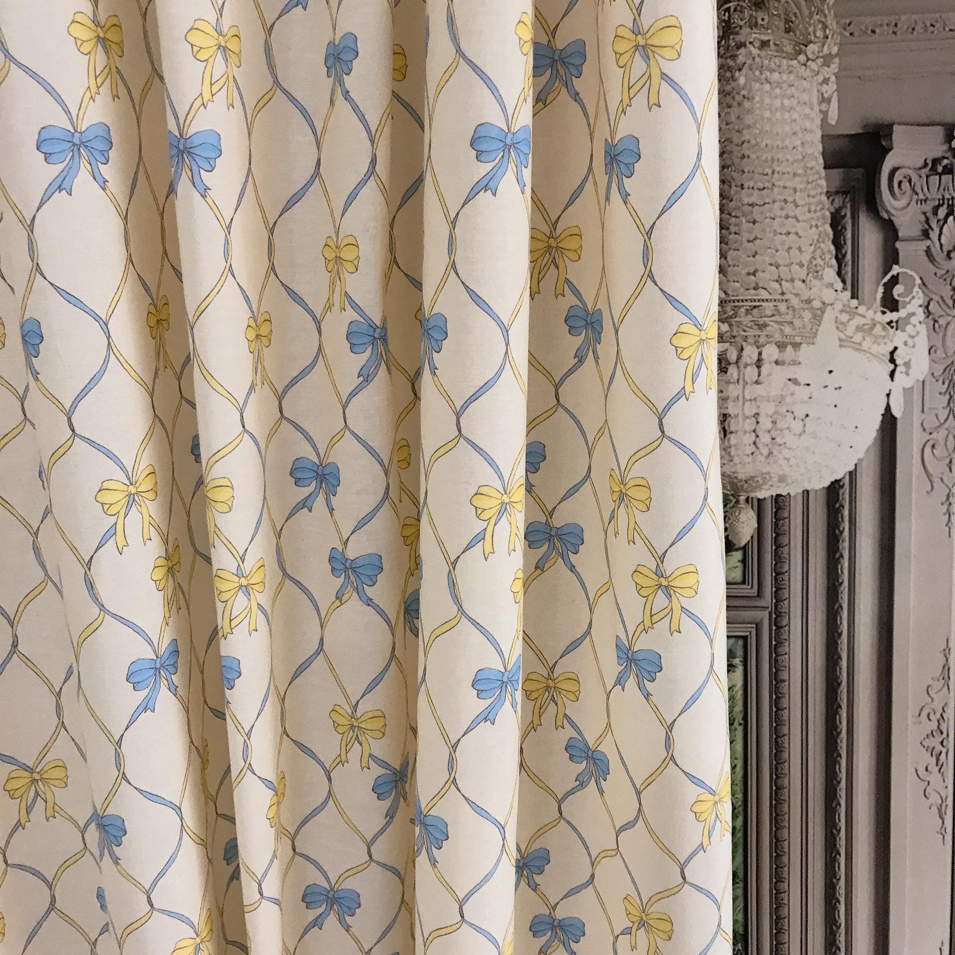 Yellow Blue Vertical Vine Ribbons Curtain on Natural Beige