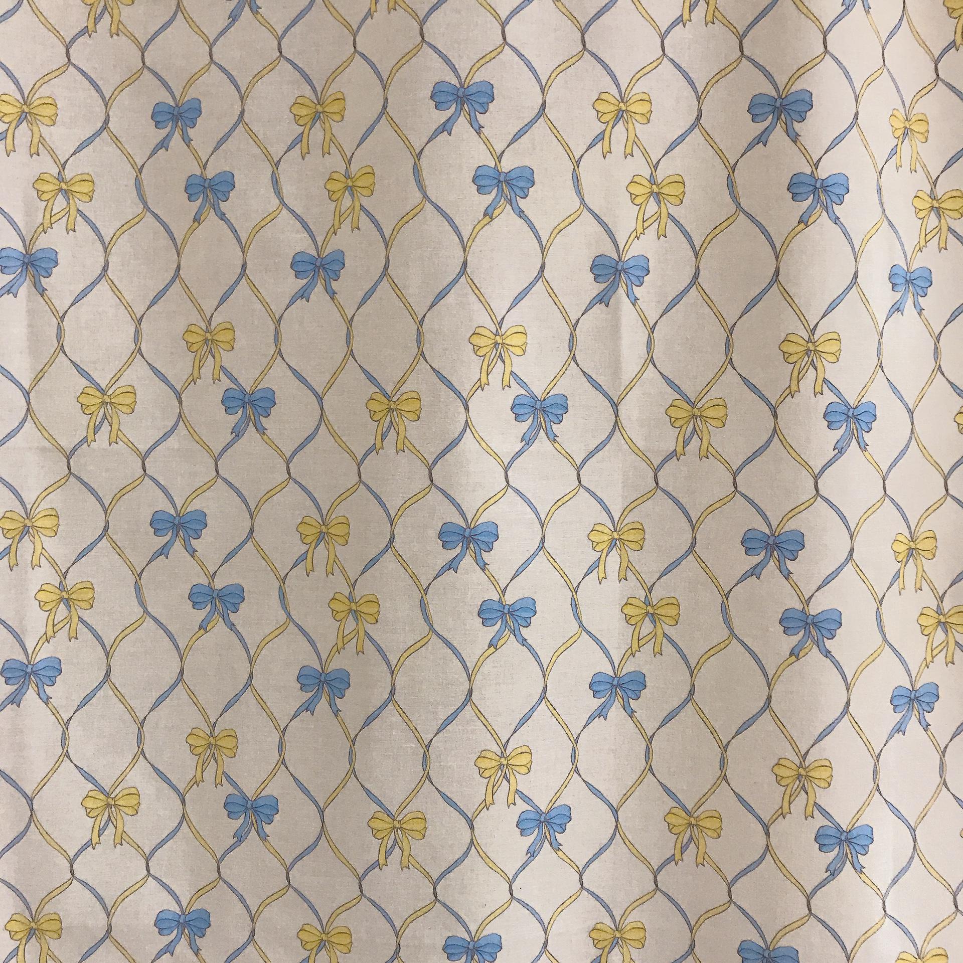 Yellow Blue Vertical Vine Ribbons Curtain on Natural Beige