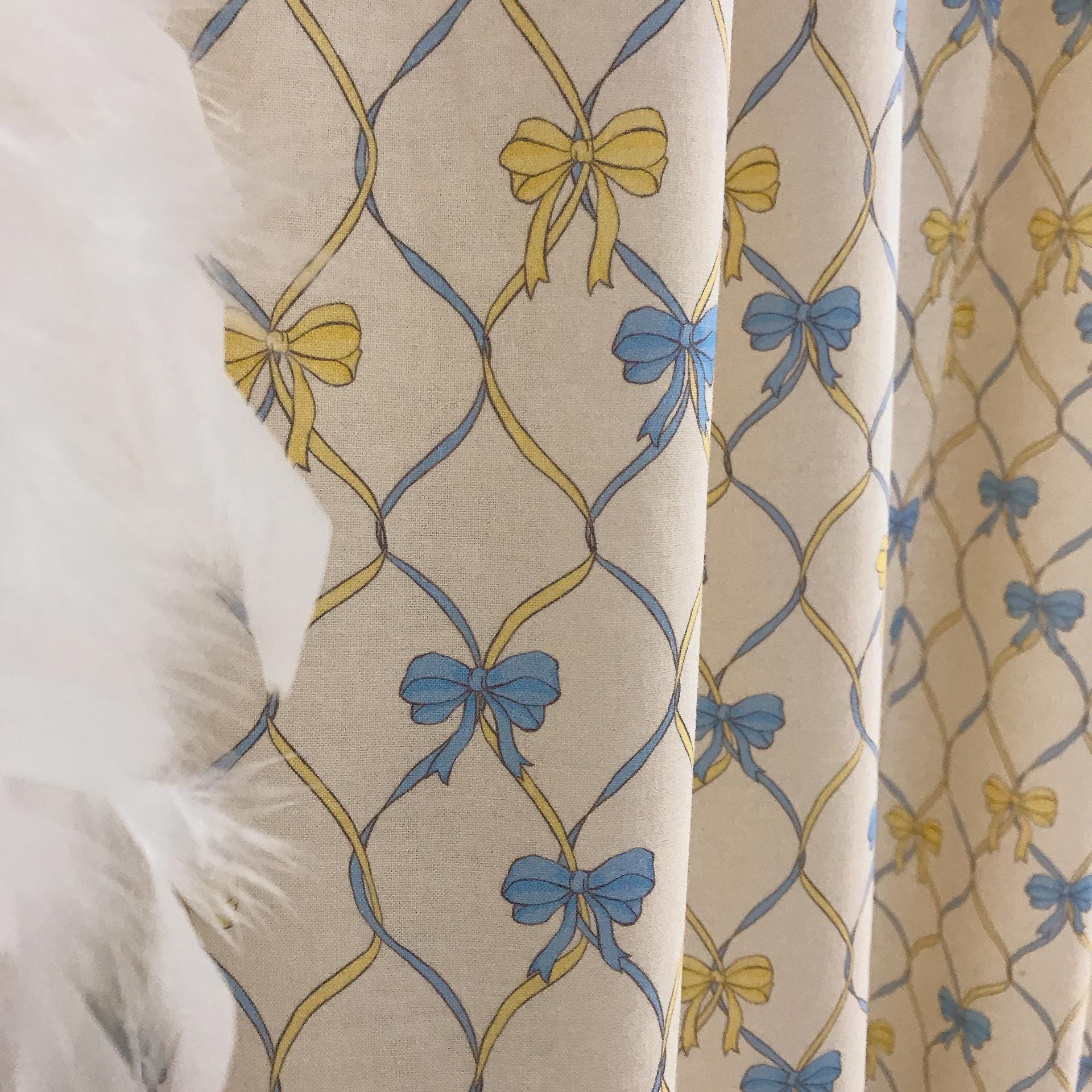 Yellow Blue Vertical Vine Ribbons Curtain on Natural Beige