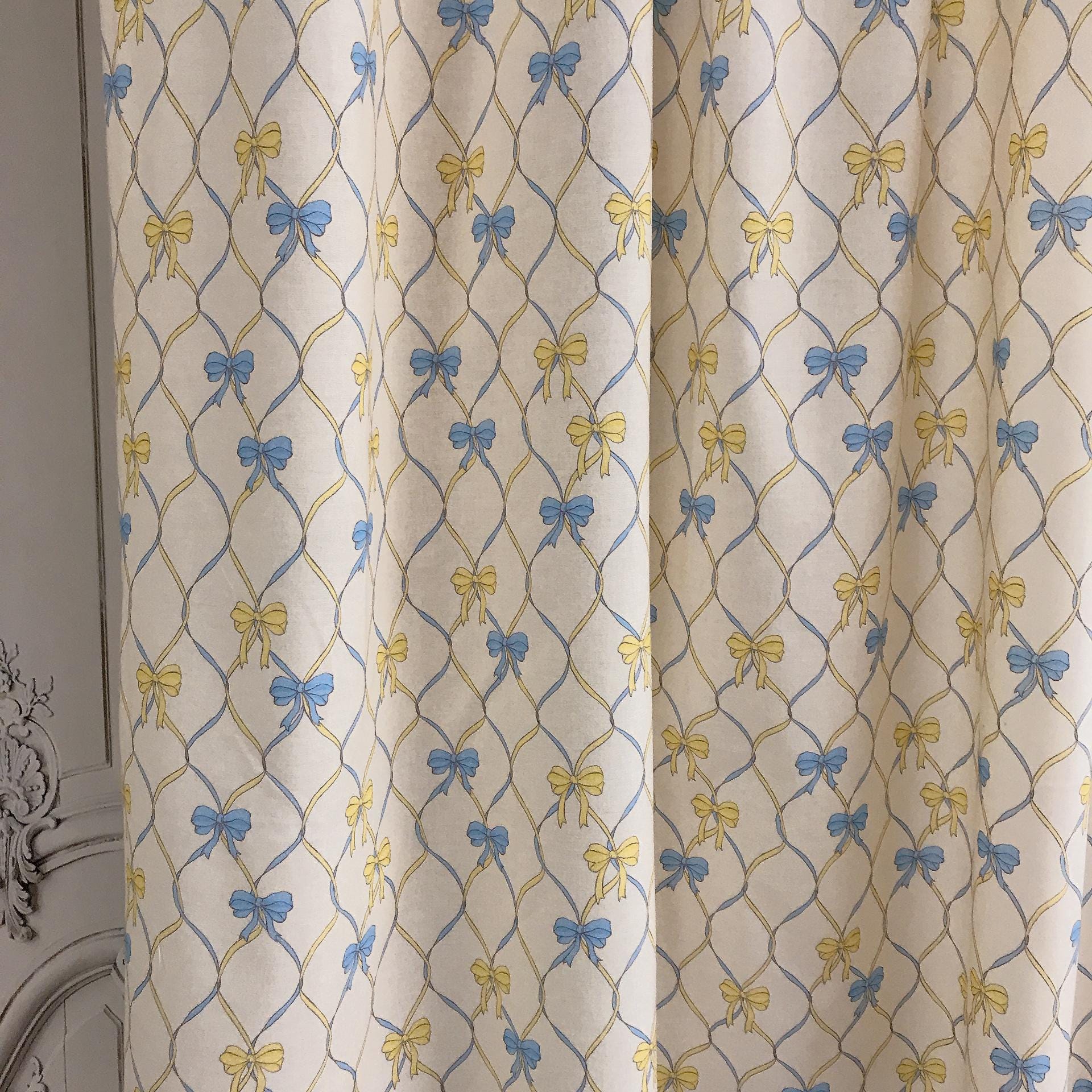 Yellow Blue Vertical Vine Ribbons Curtain on Natural Beige