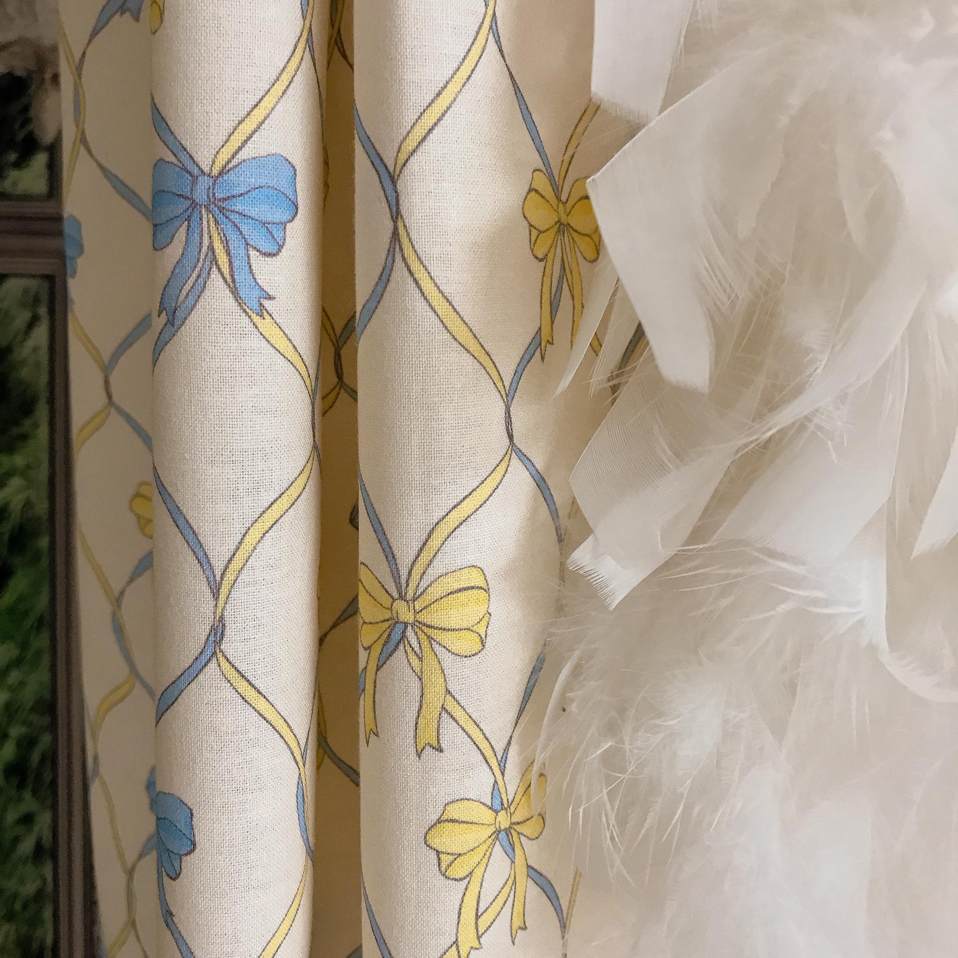 Yellow Blue Vertical Vine Ribbons Curtain on Natural Beige