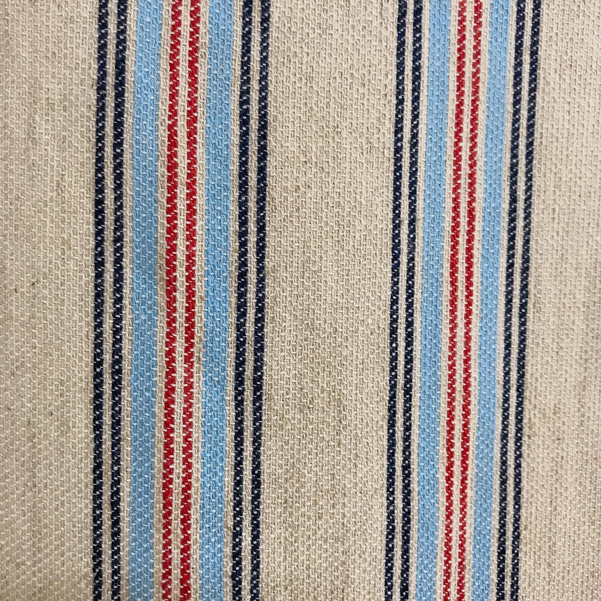 Indigo Light Blue Red Vertical Stripe Curtain on Natural Beige