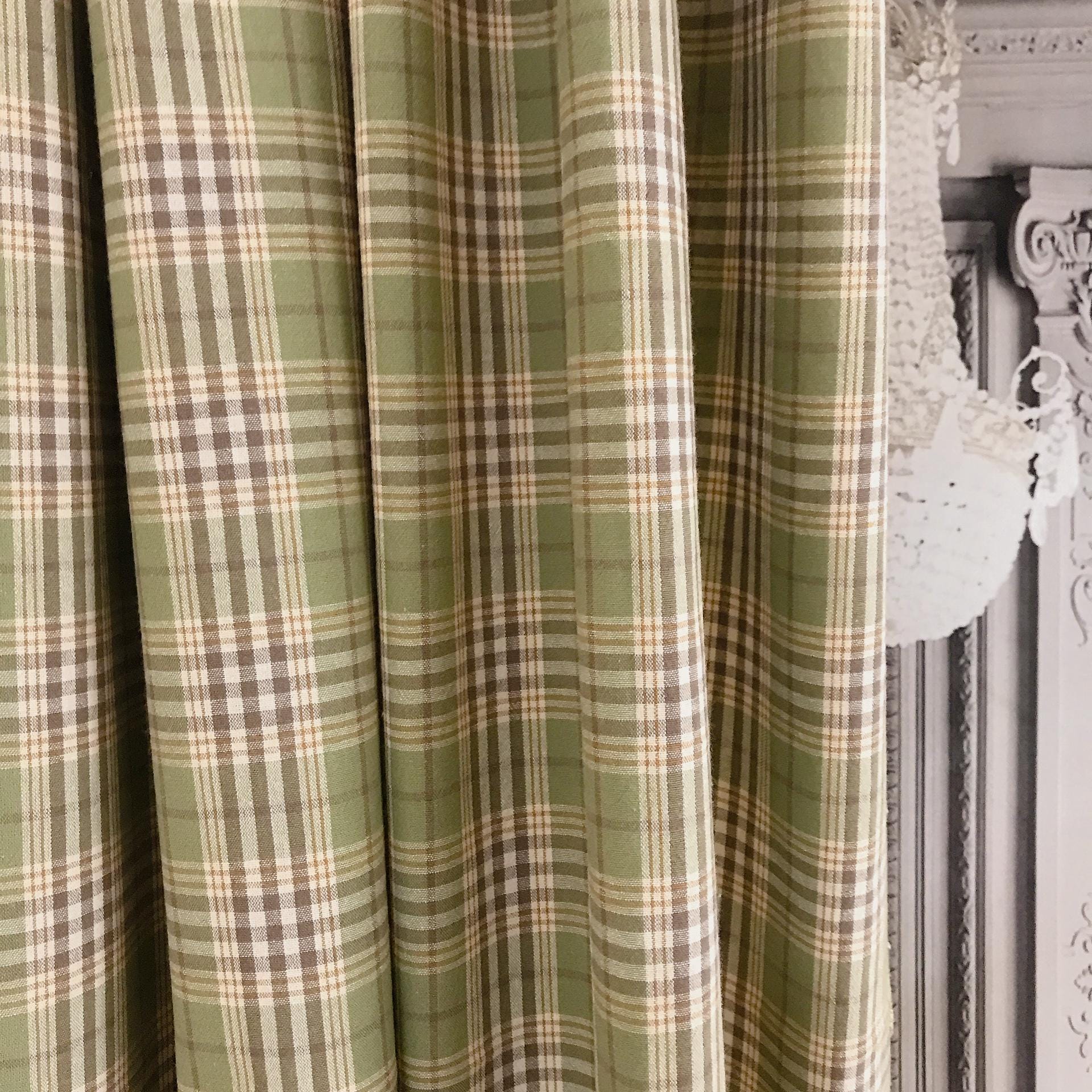 Brown and Mustard Plaid Curtain on Olive Green