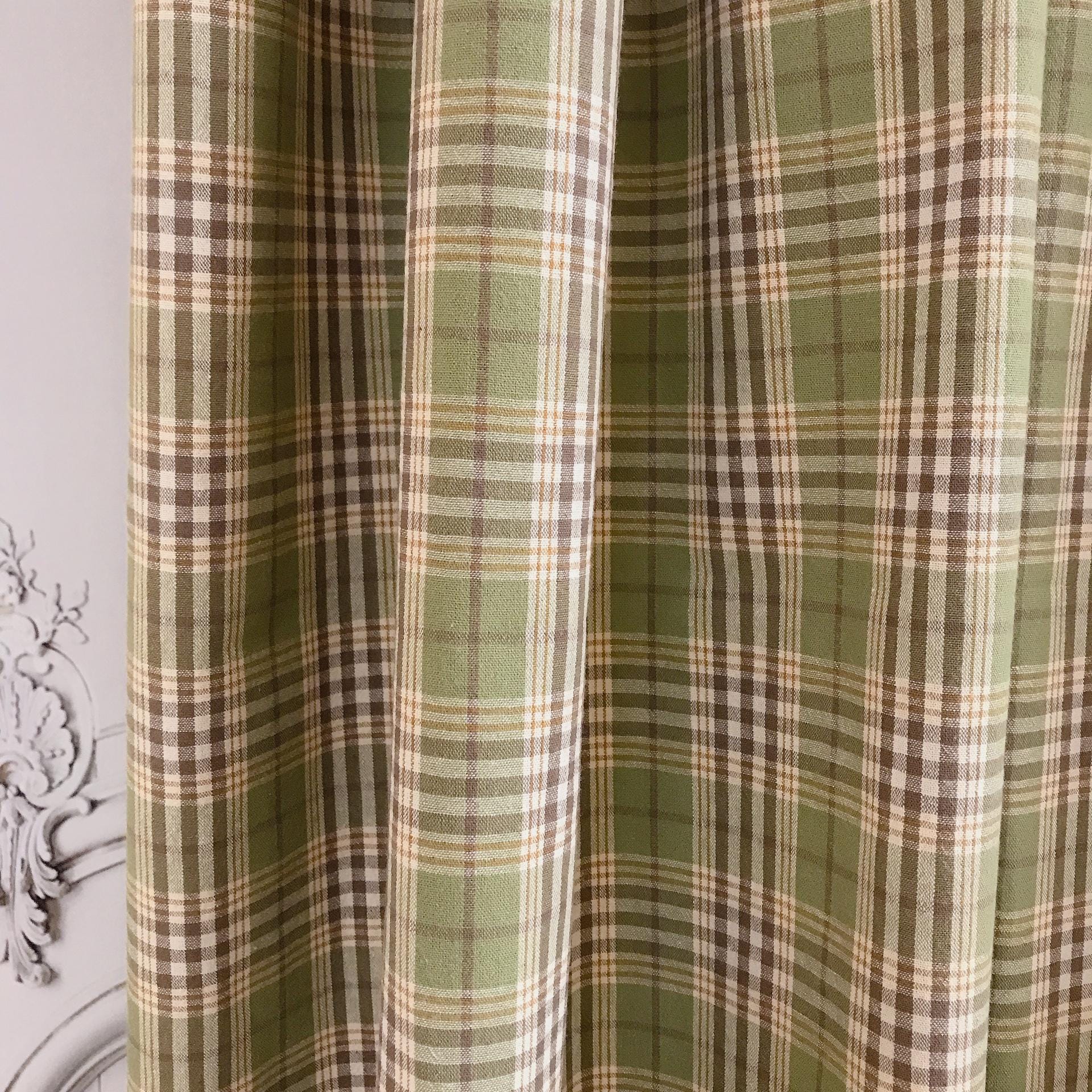 Brown and Mustard Plaid Curtain on Olive Green