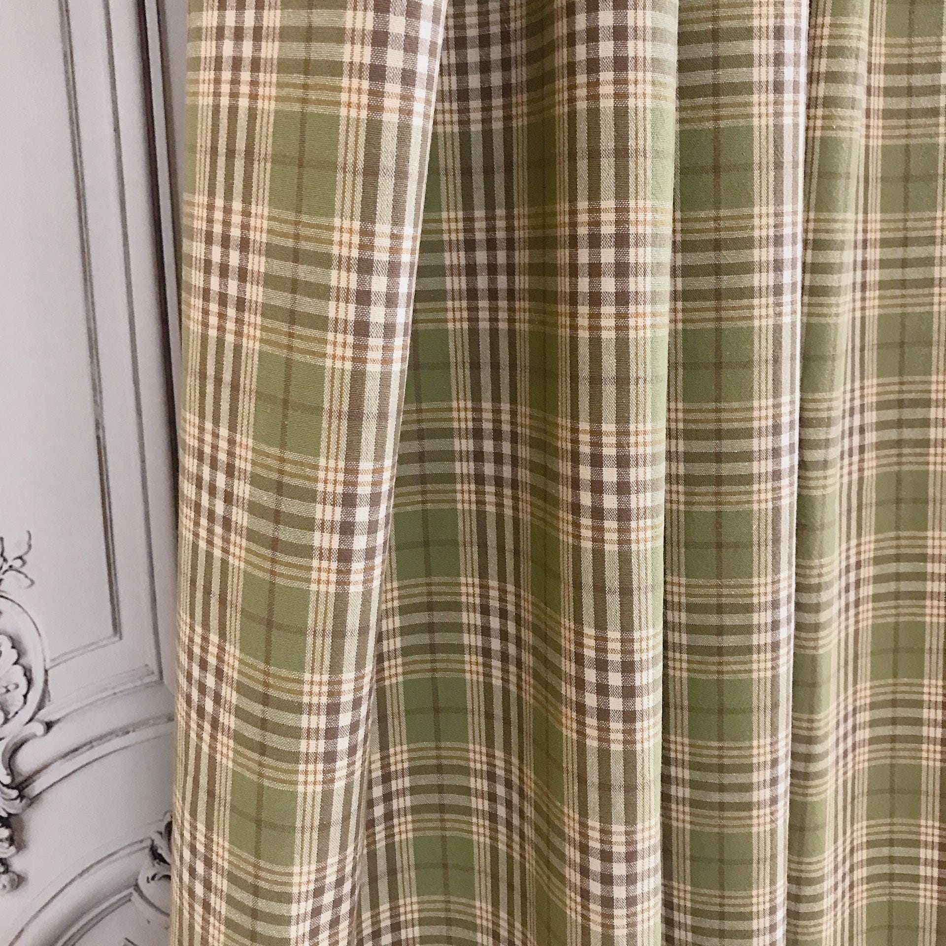 Brown and Mustard Plaid Curtain on Olive Green