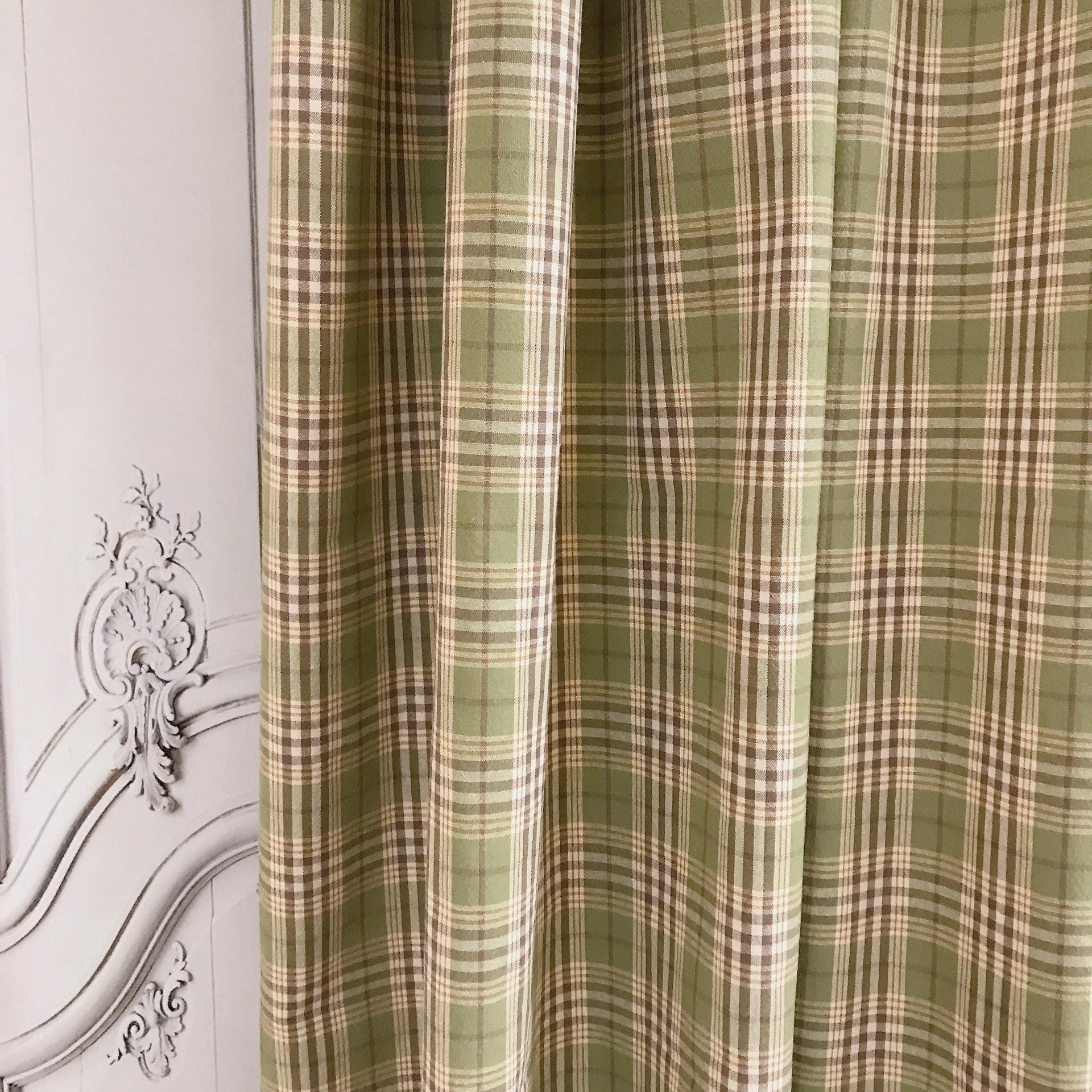 Brown and Mustard Plaid Curtain on Olive Green