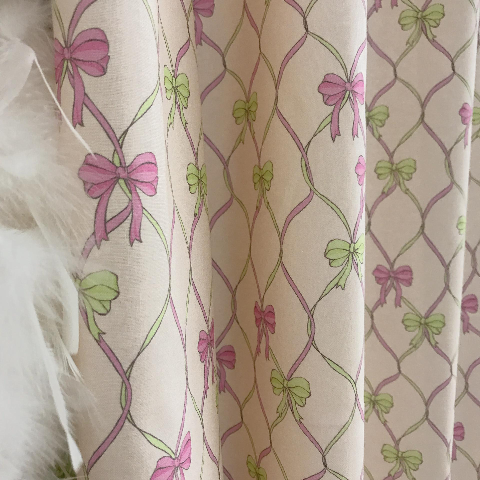Pink Neon Green Vertical Vine Ribbons Curtain on Natural Beige