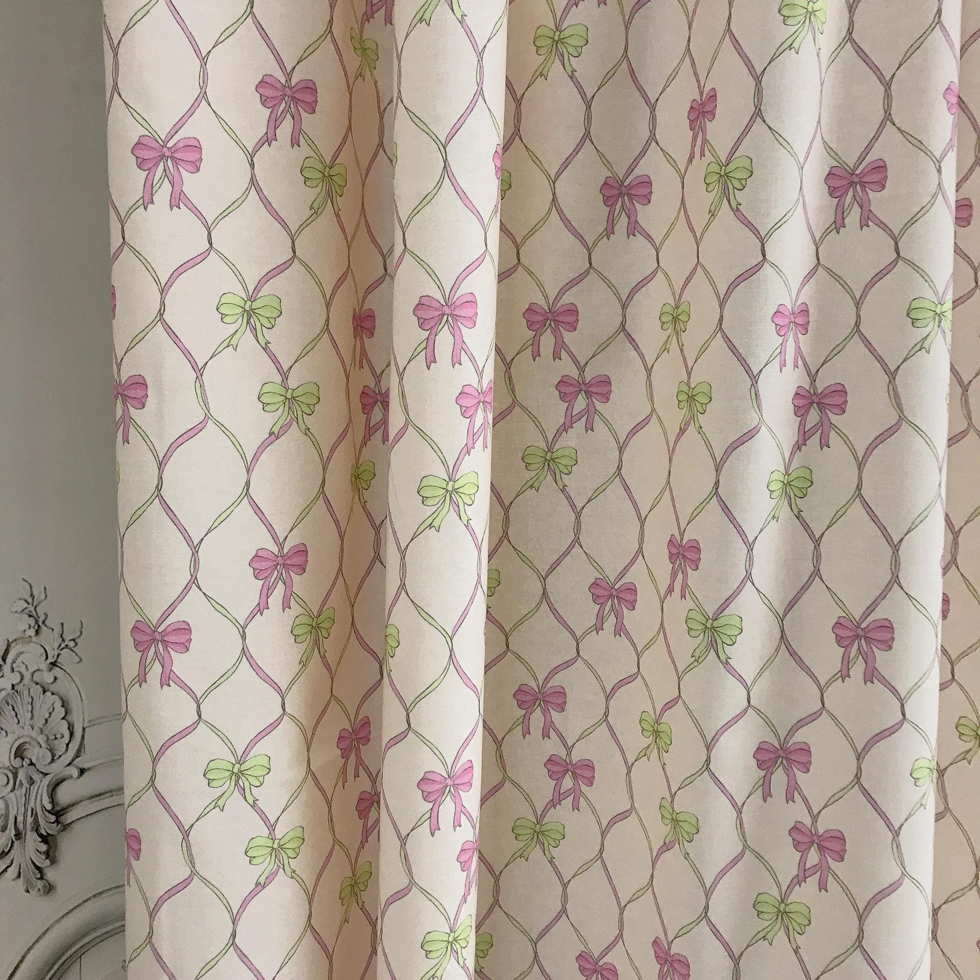 Pink Neon Green Vertical Vine Ribbons Curtain on Natural Beige