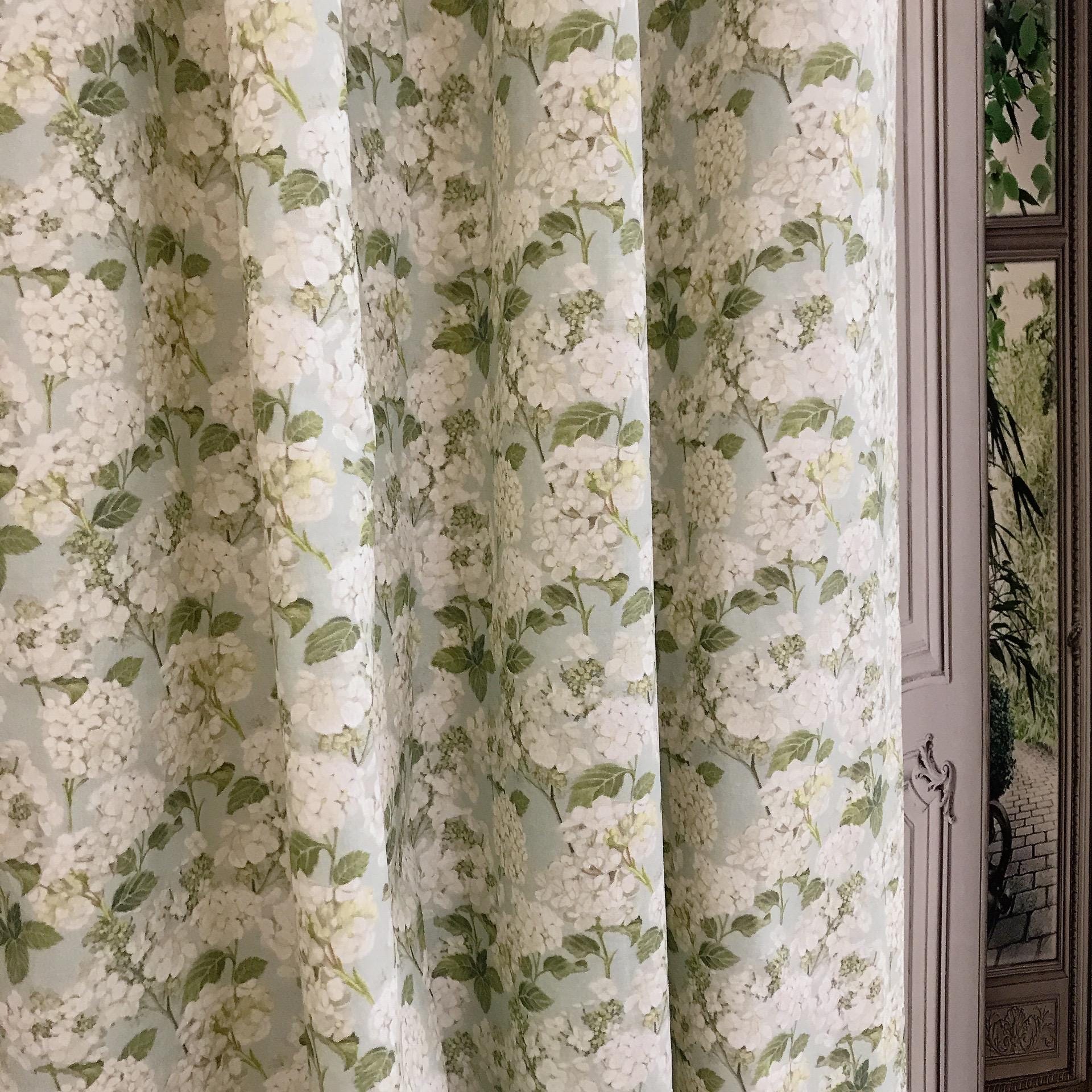 Light Grey Hydrangea Curtain on Soft Aqua