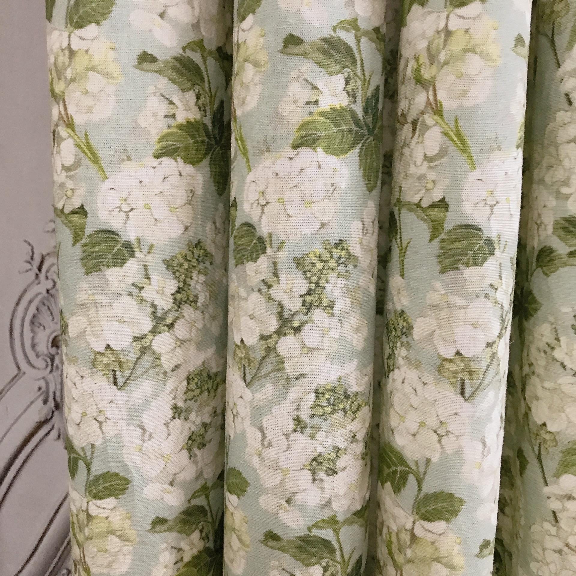 Light Grey Hydrangea Curtain on Soft Aqua