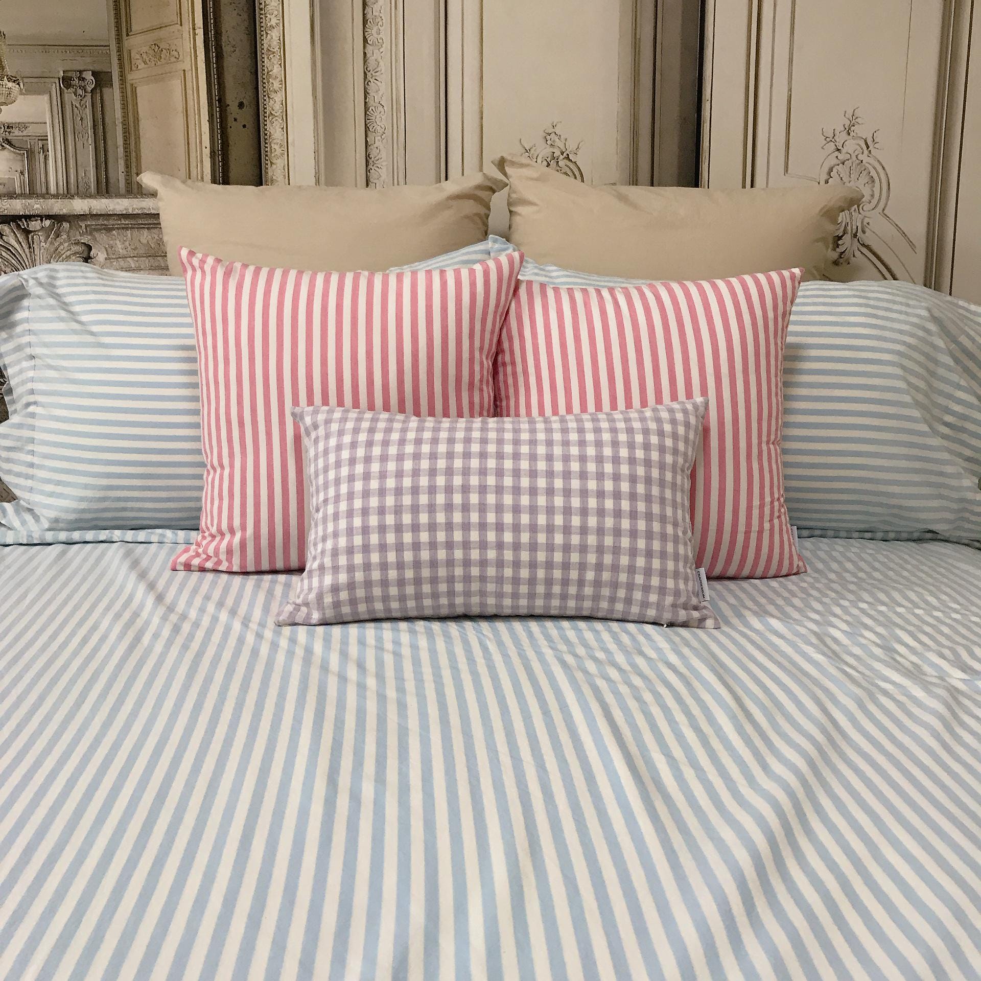 Modern Vintage Faded Light Blue Striped Pattern Washed Cotton Ivory Background Duvet Cover Twin Queen Full King CalKing