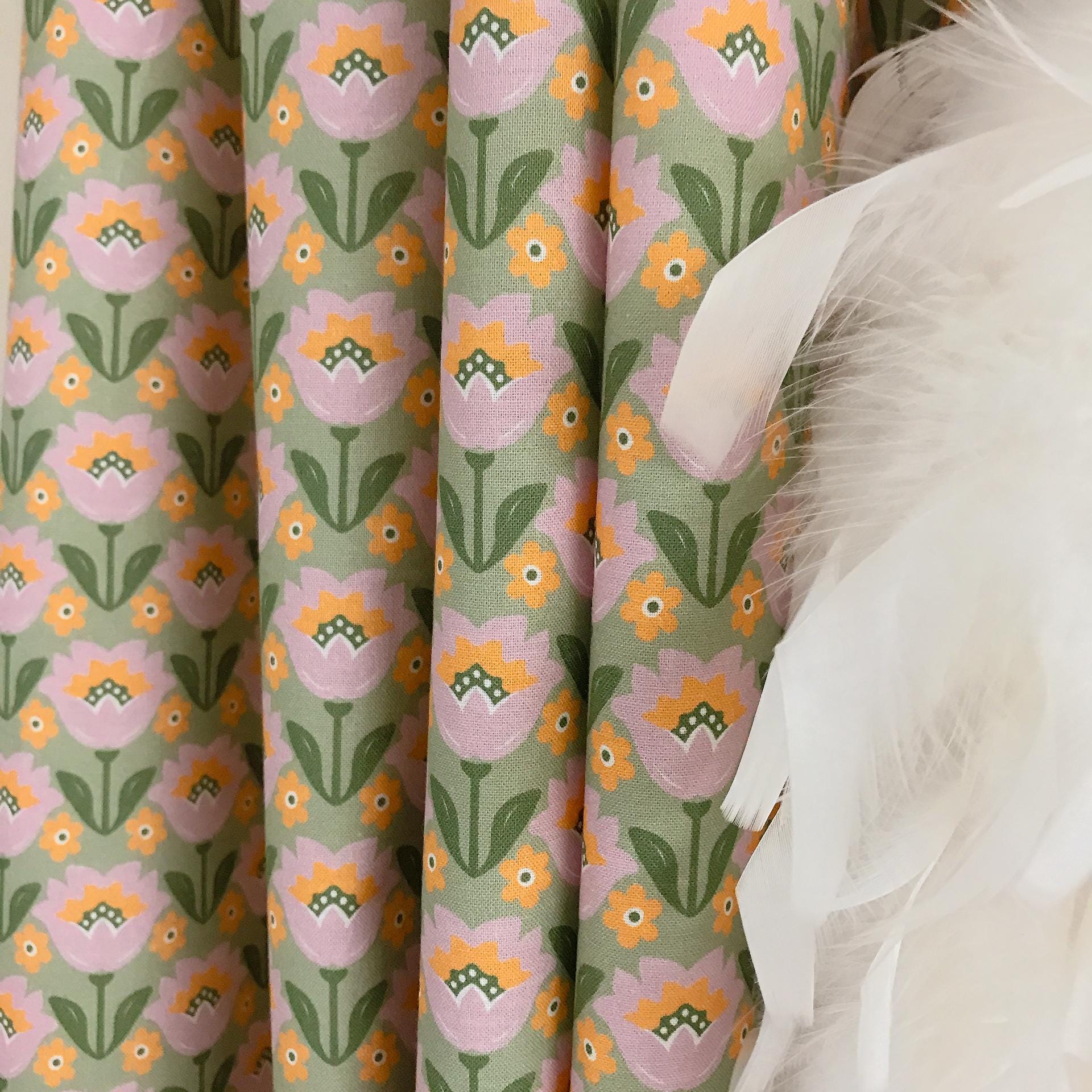 Lavender and Orange Tulip Curtain on Heritage Olive Green