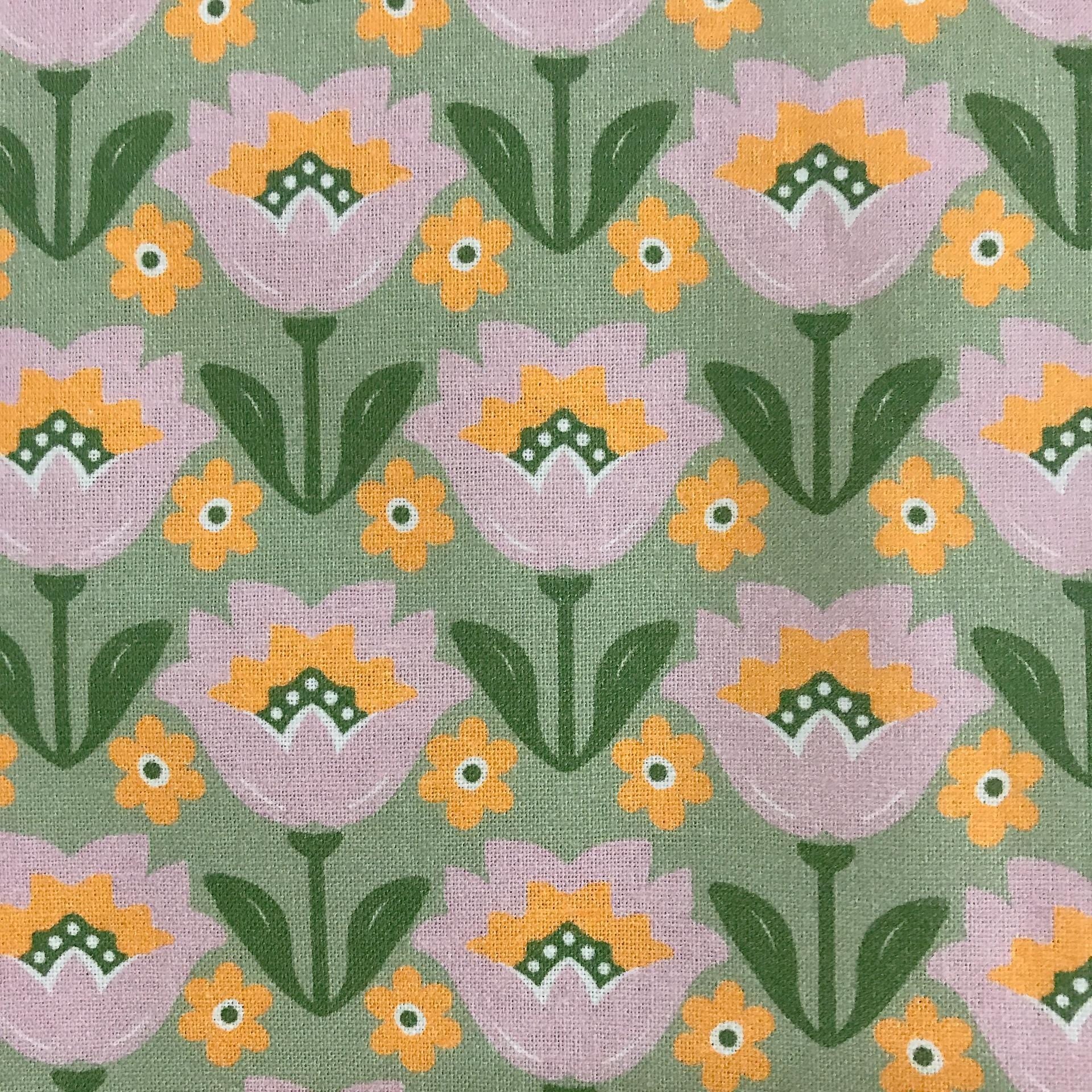 Lavender and Orange Tulip Curtain on Heritage Olive Green