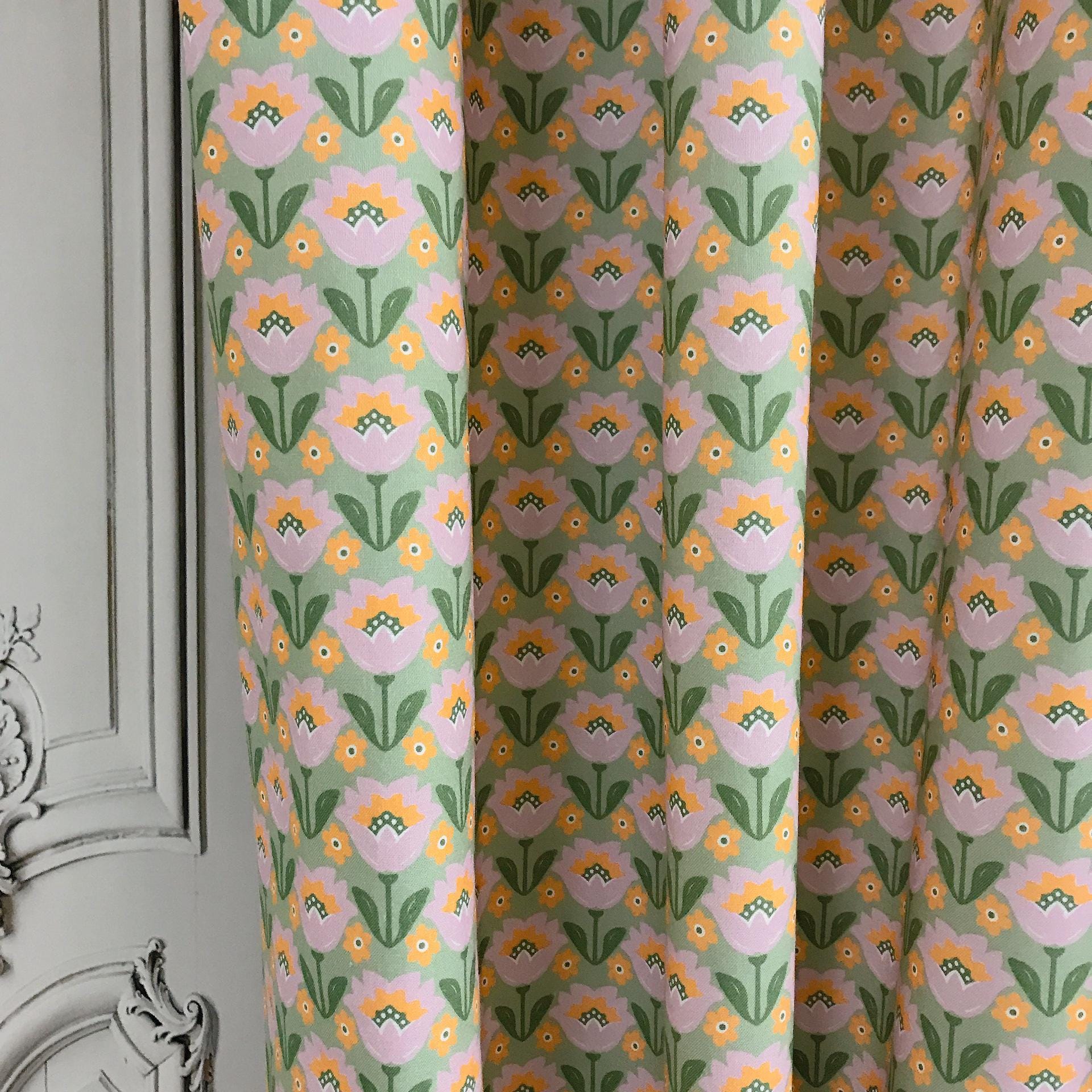 Lavender and Orange Tulip Curtain on Heritage Olive Green