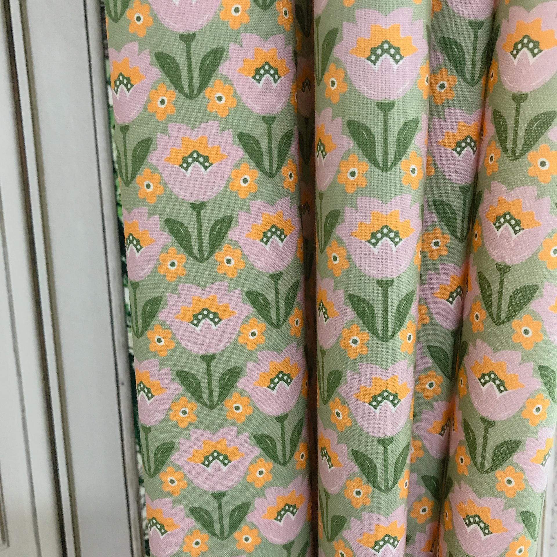 Lavender and Orange Tulip Curtain on Heritage Olive Green