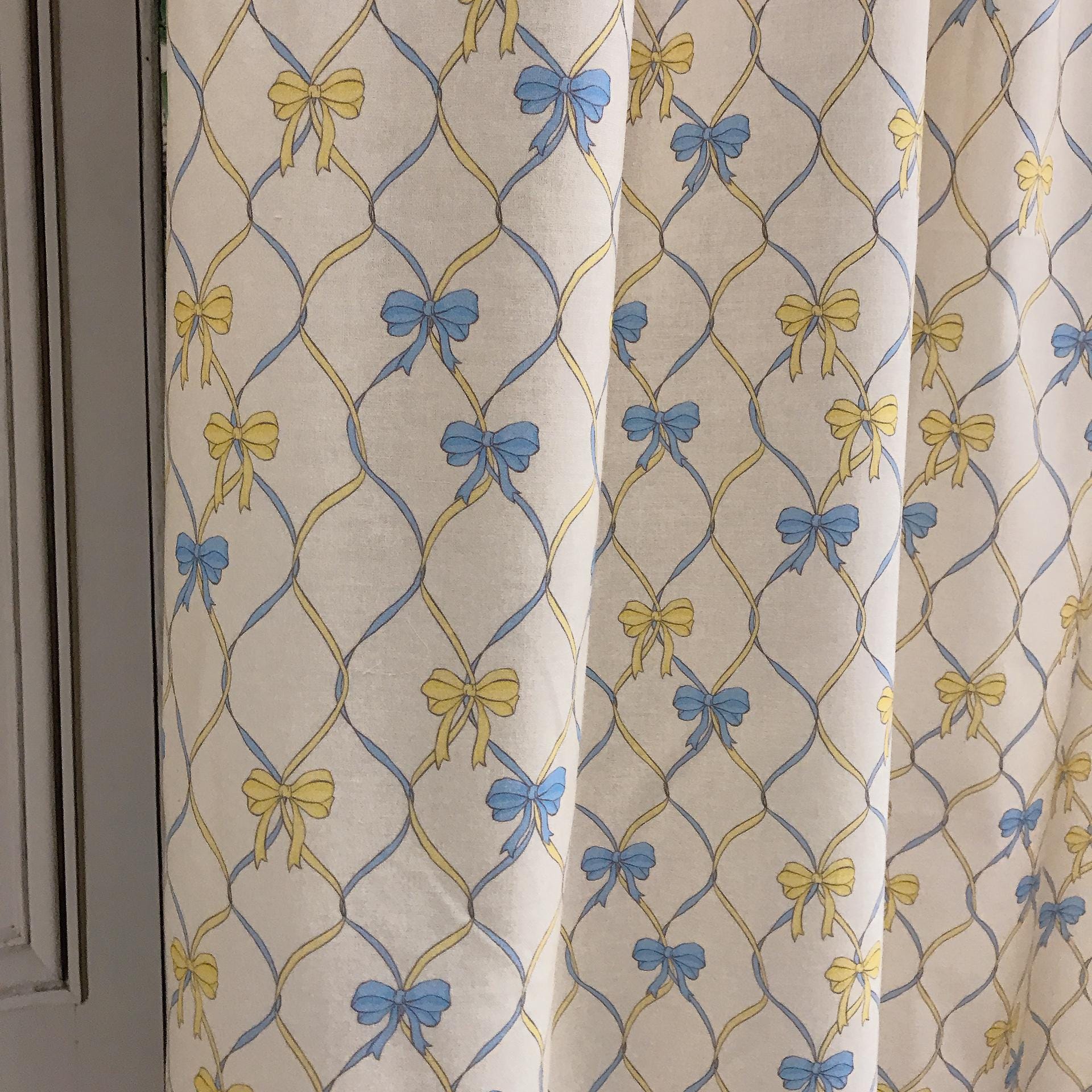 Yellow Blue Vertical Vine Ribbons Curtain on Natural Beige