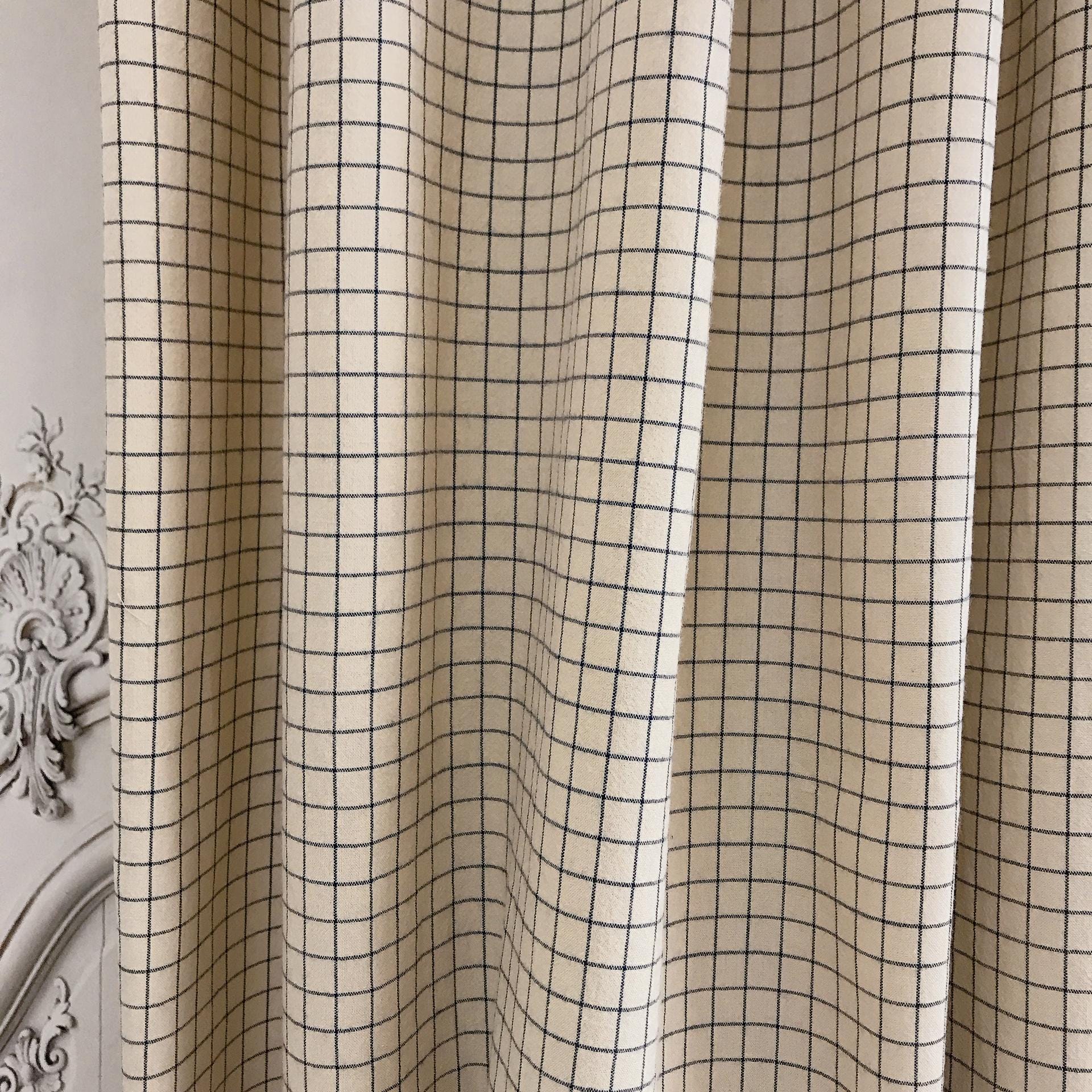 Navy Grid Check Curtain on Natural Beige
