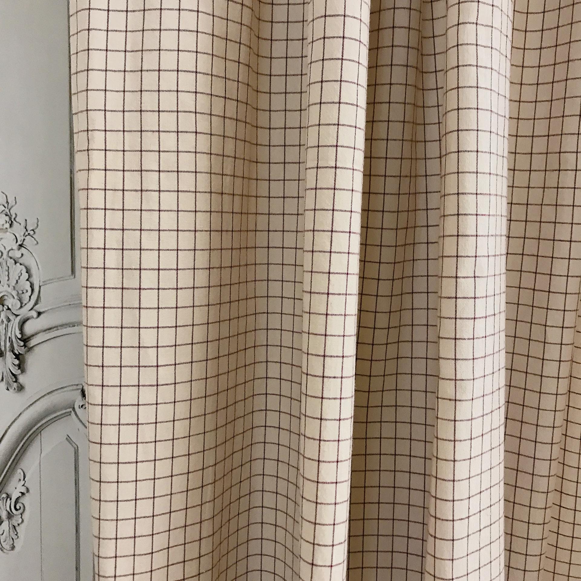 Burgundy Grid Check Curtain on Natural Beige