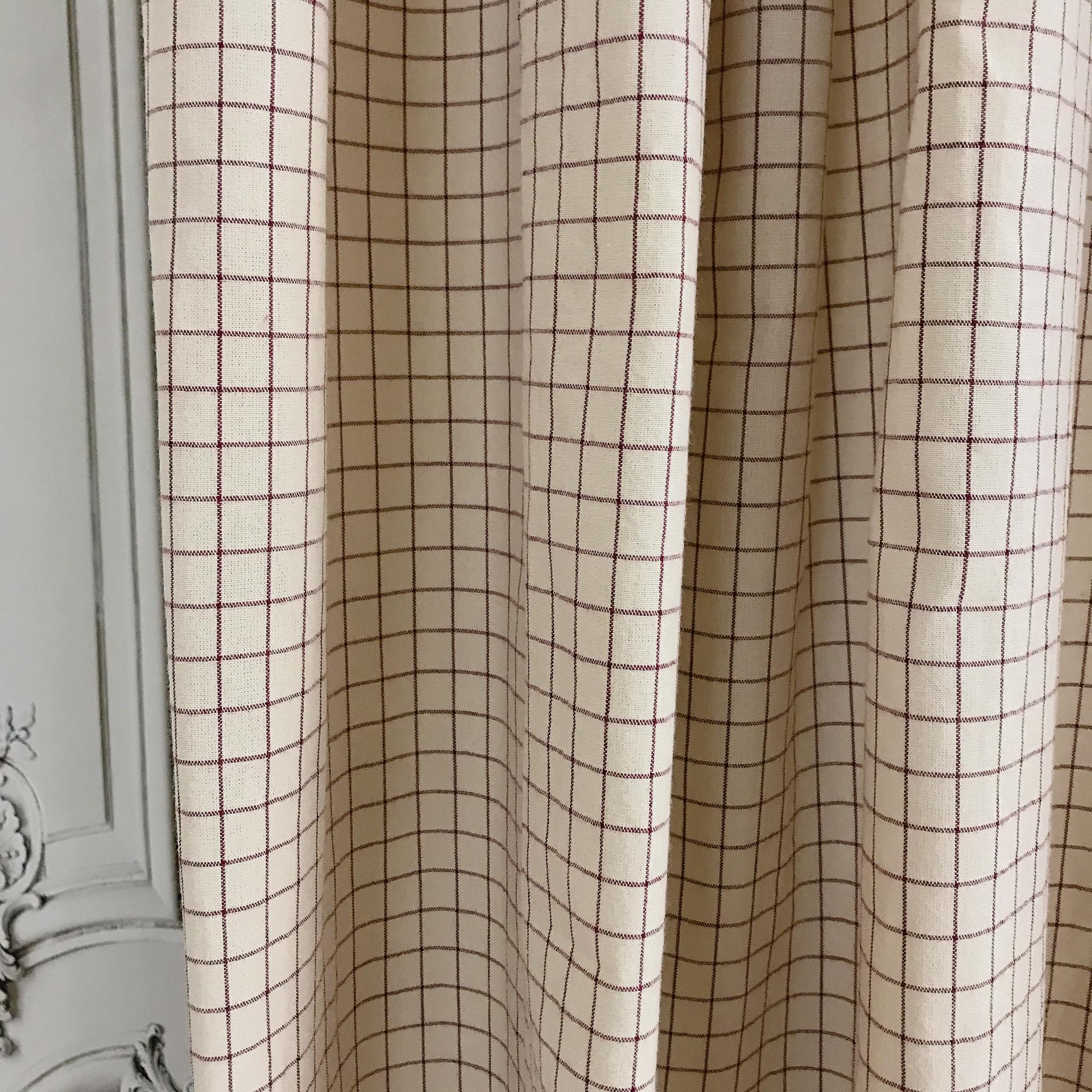 Burgundy Grid Check Curtain on Natural Beige