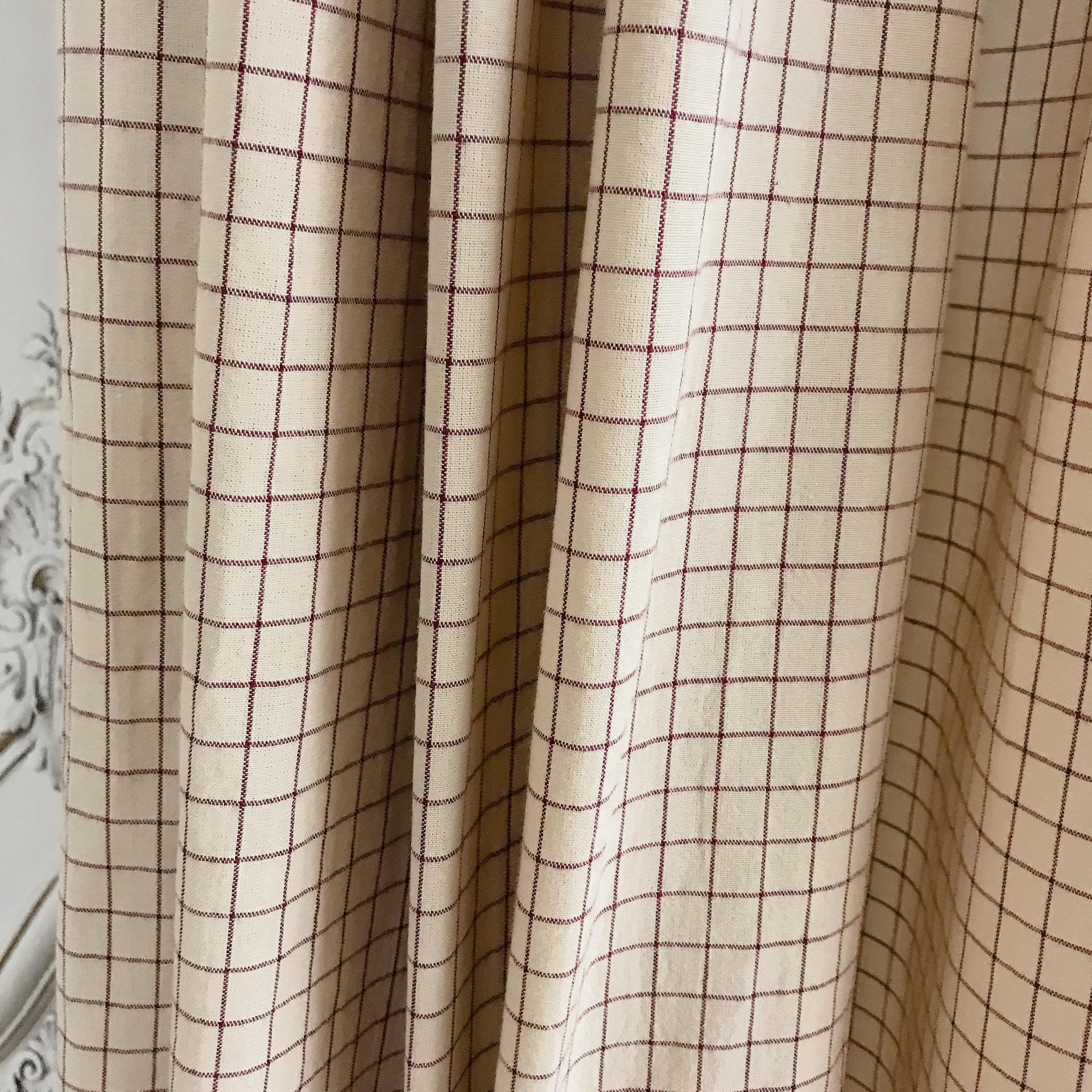 Burgundy Grid Check Curtain on Natural Beige
