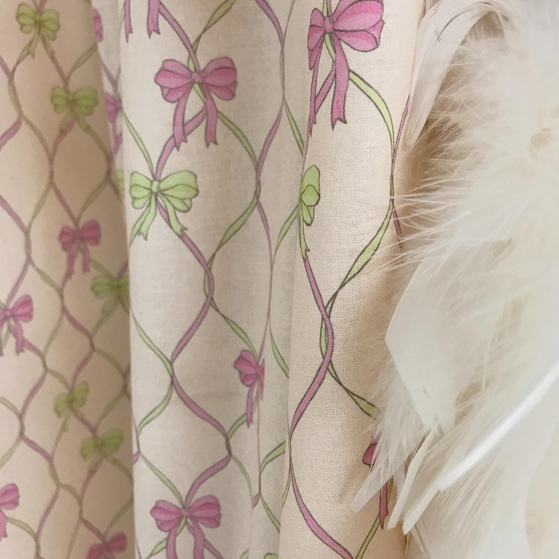 Pink Neon Green Vertical Vine Ribbons Curtain on Natural Beige