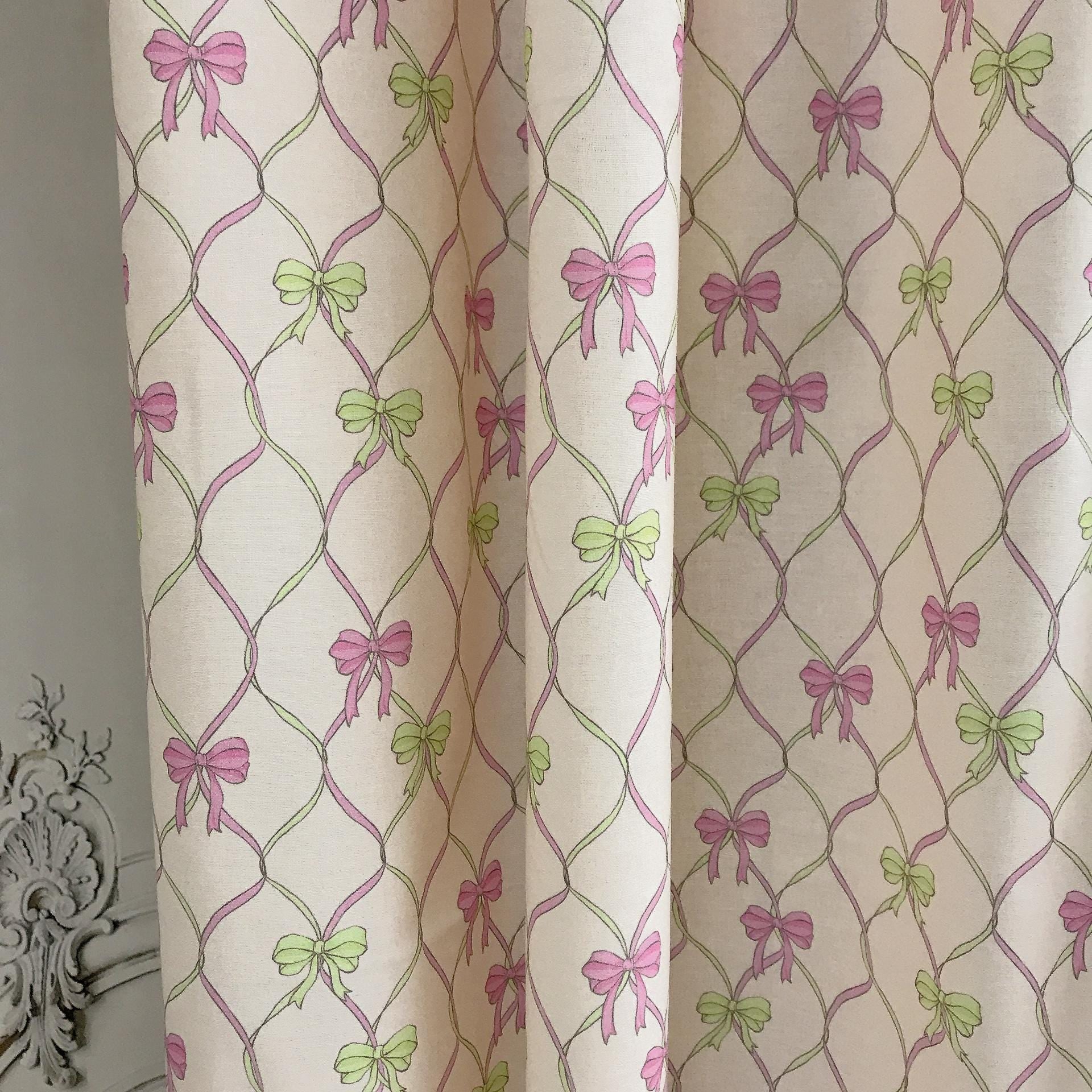 Pink Neon Green Vertical Vine Ribbons Curtain on Natural Beige