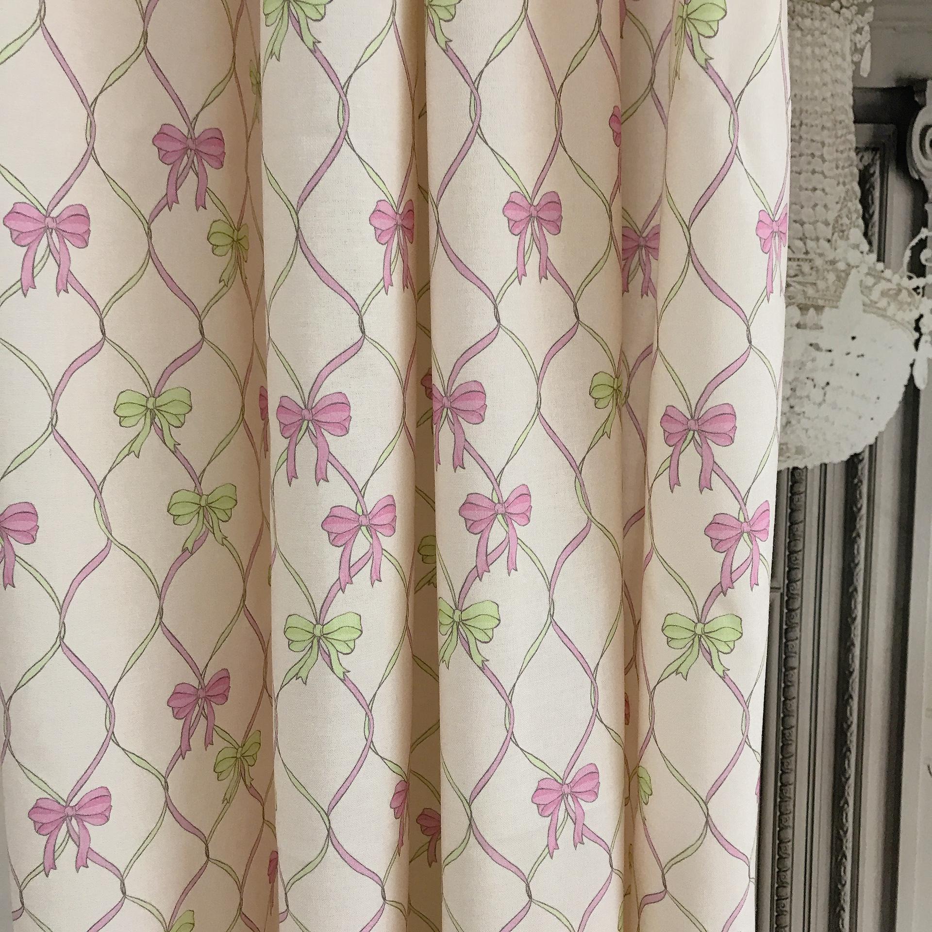 Pink Neon Green Vertical Vine Ribbons Curtain on Natural Beige
