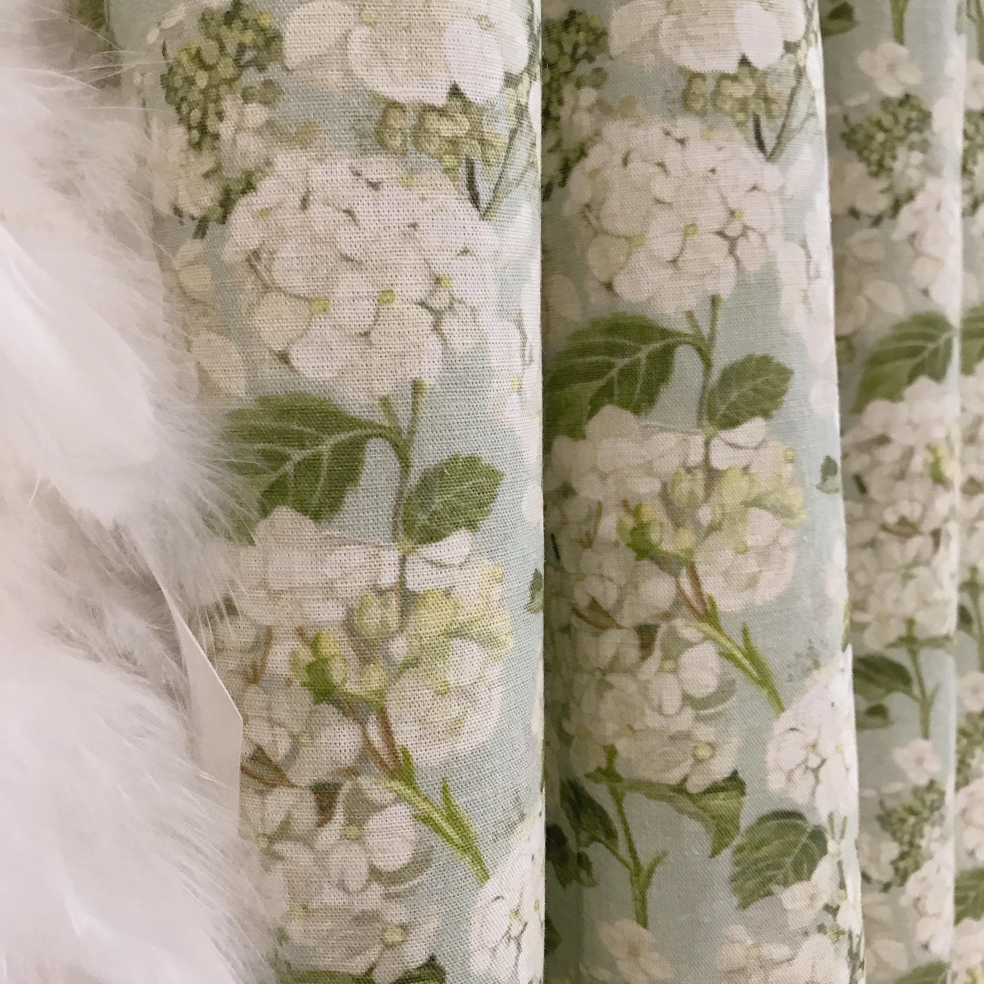 Light Grey Hydrangea Curtain on Soft Aqua