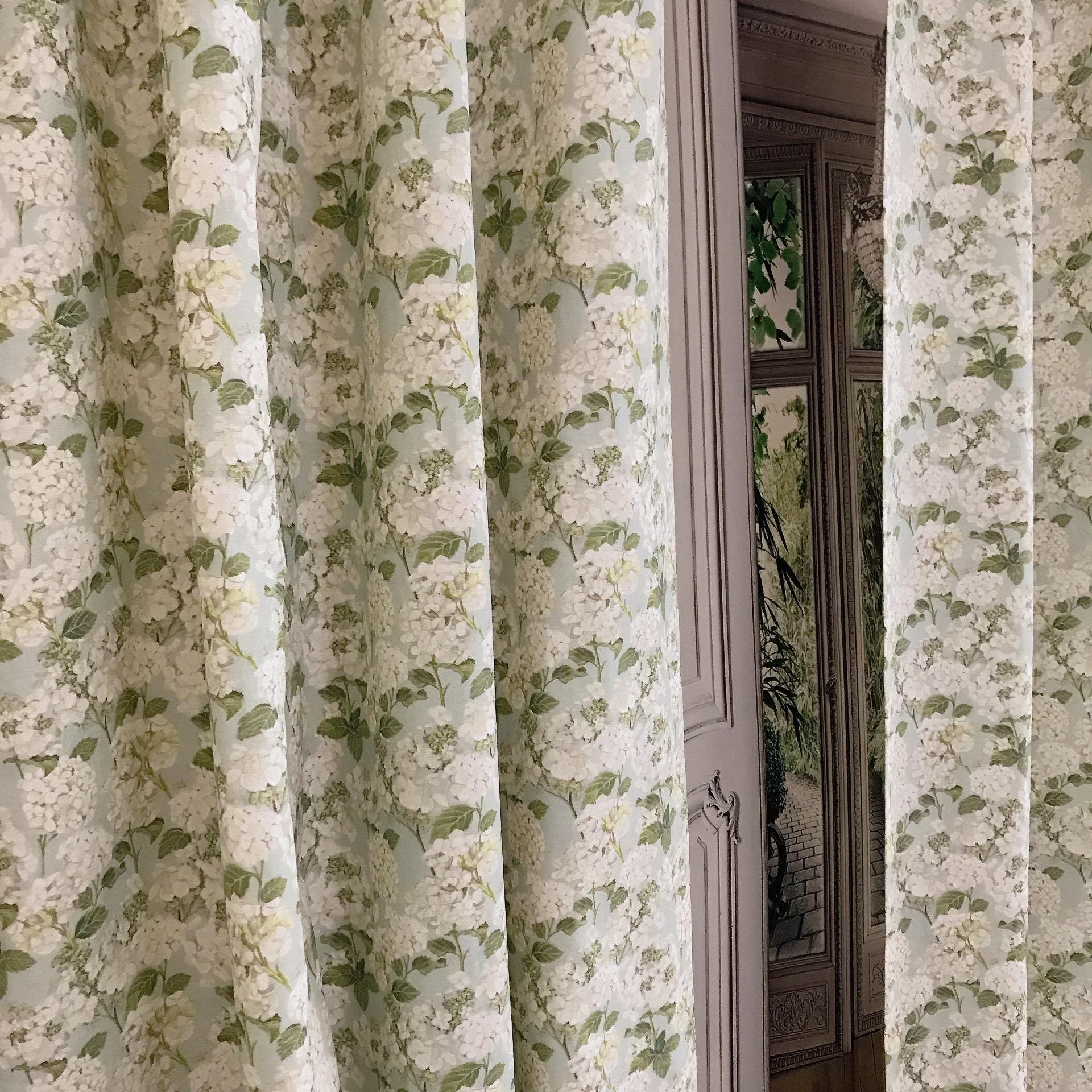 Light Grey Hydrangea Curtain on Soft Aqua