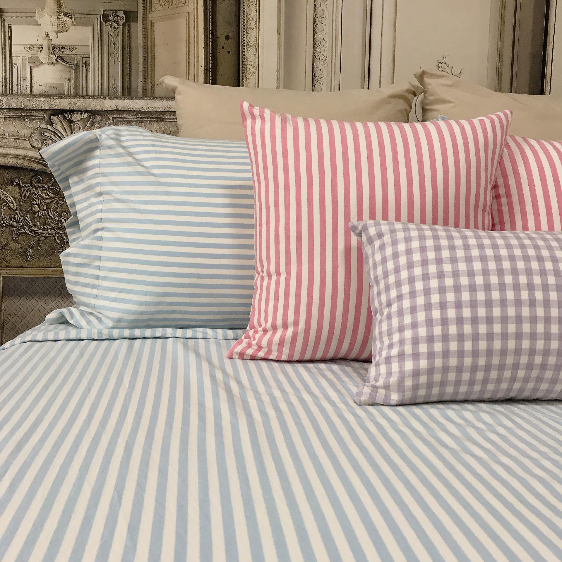 Modern Vintage Faded Light Blue Striped Pattern Washed Cotton Ivory Background Duvet Cover Twin Queen Full King CalKing
