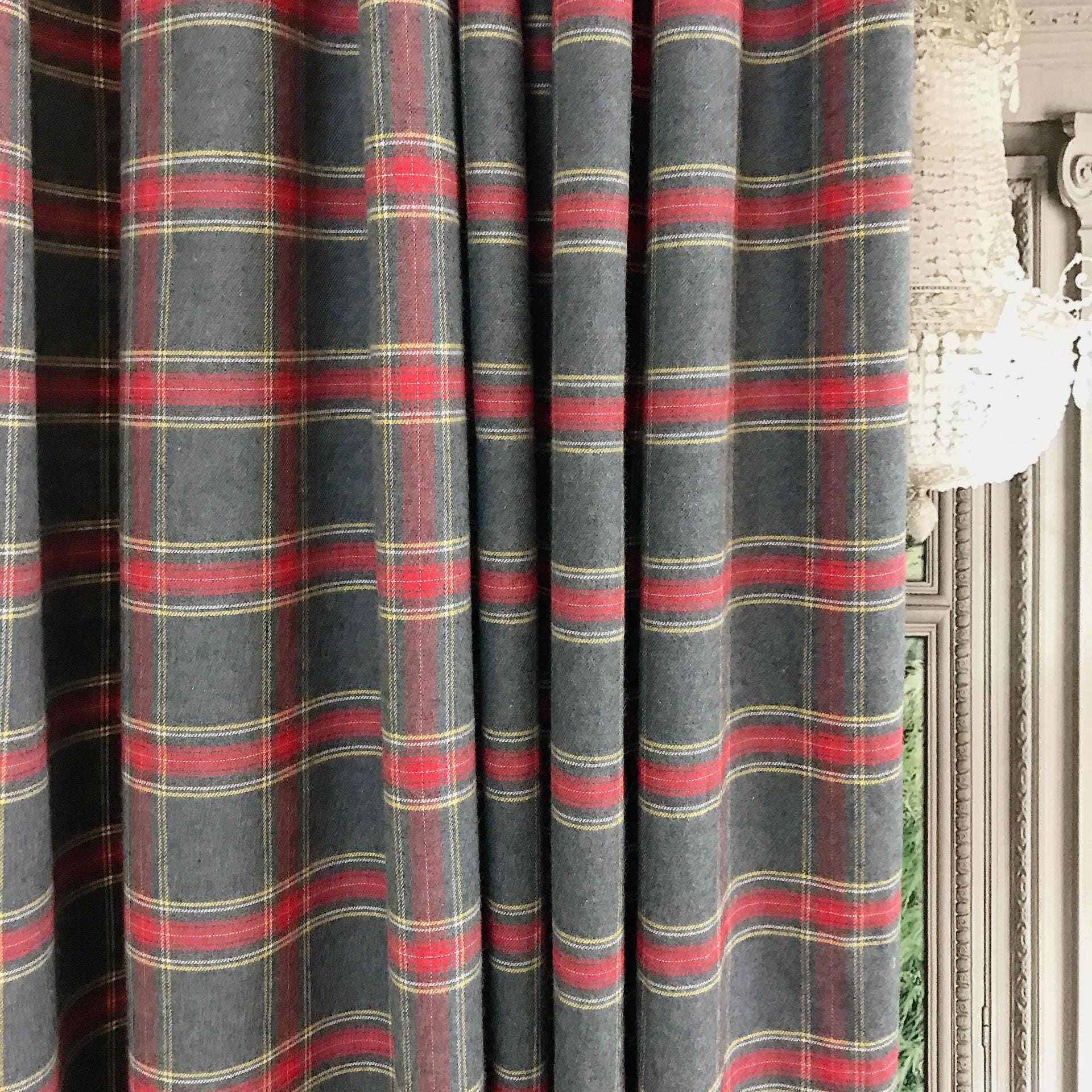 Red Burgundy Yellow Plaid Blushed Curtain on Grey