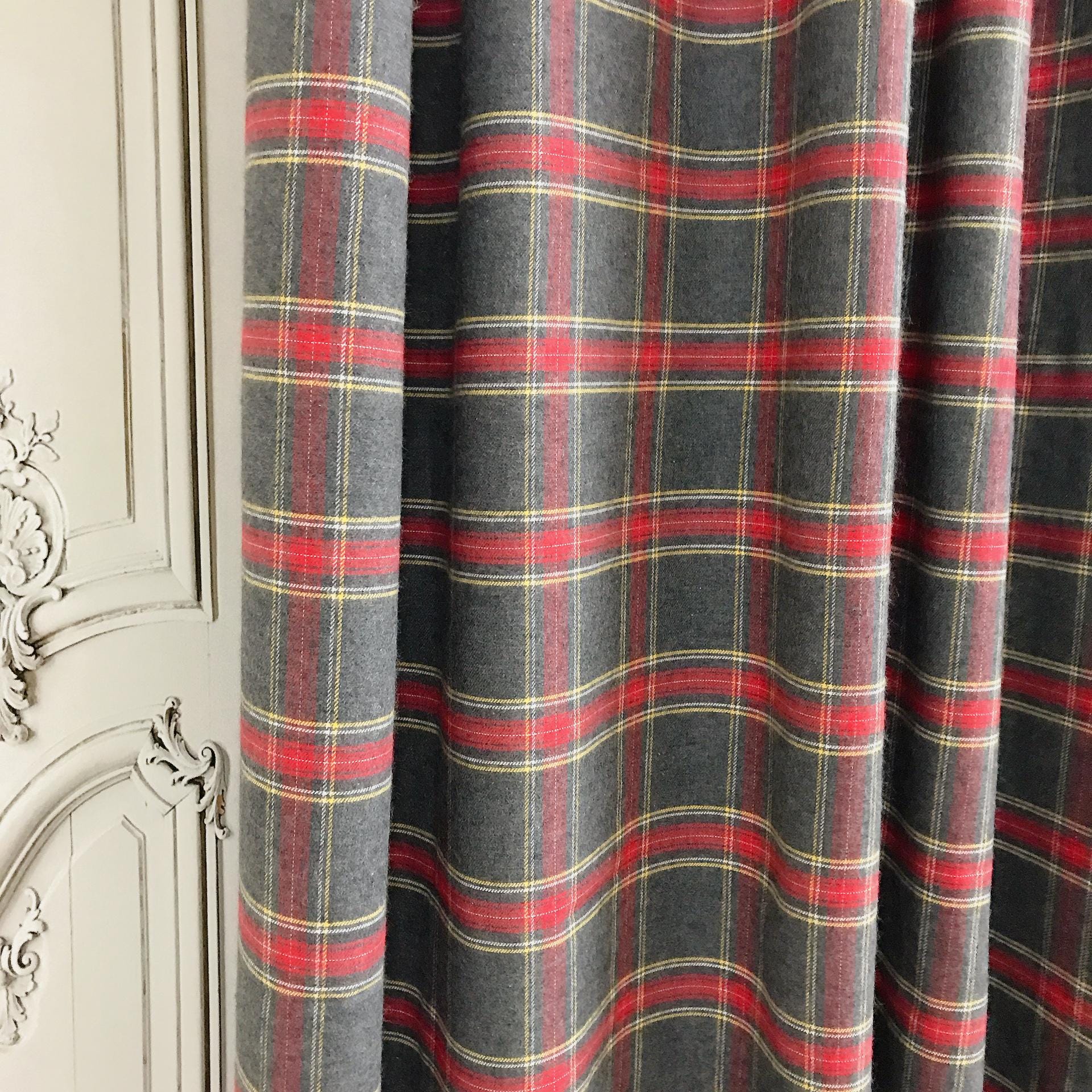 Red Burgundy Yellow Plaid Blushed Curtain on Grey