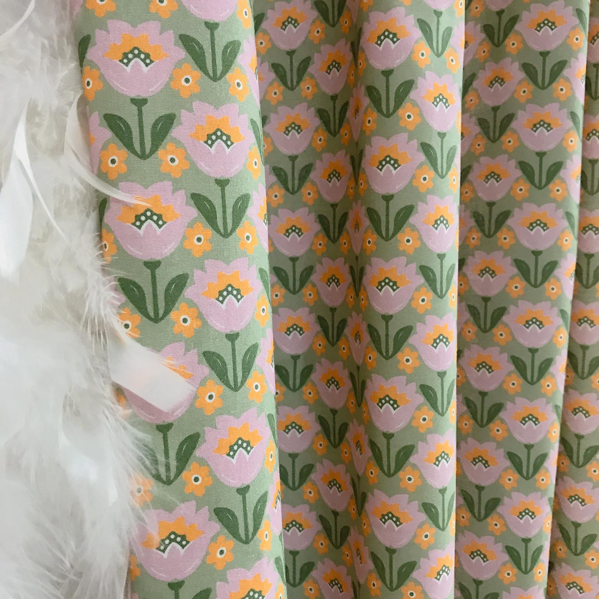 Lavender and Orange Tulip Curtain on Heritage Olive Green