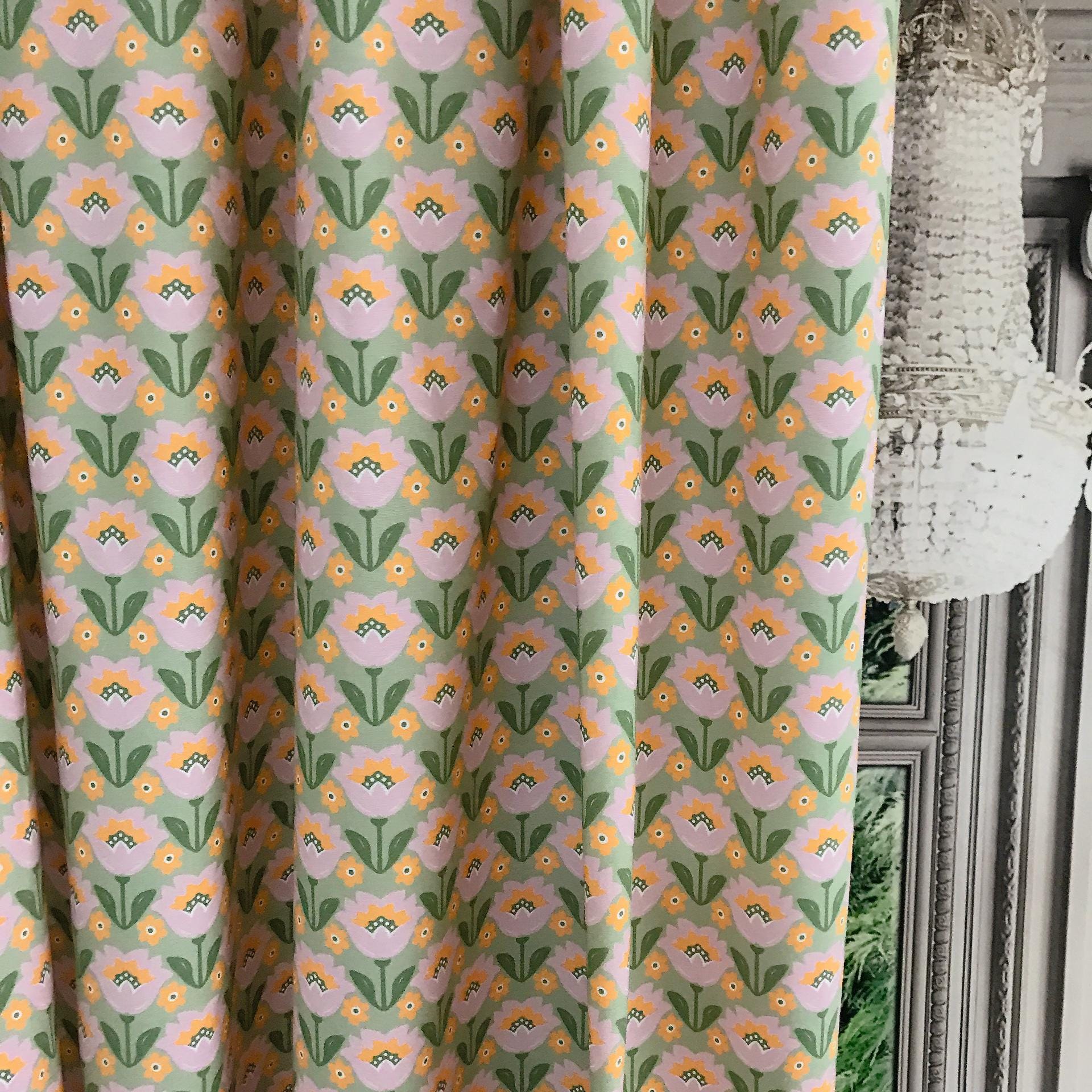 Lavender and Orange Tulip Curtain on Heritage Olive Green