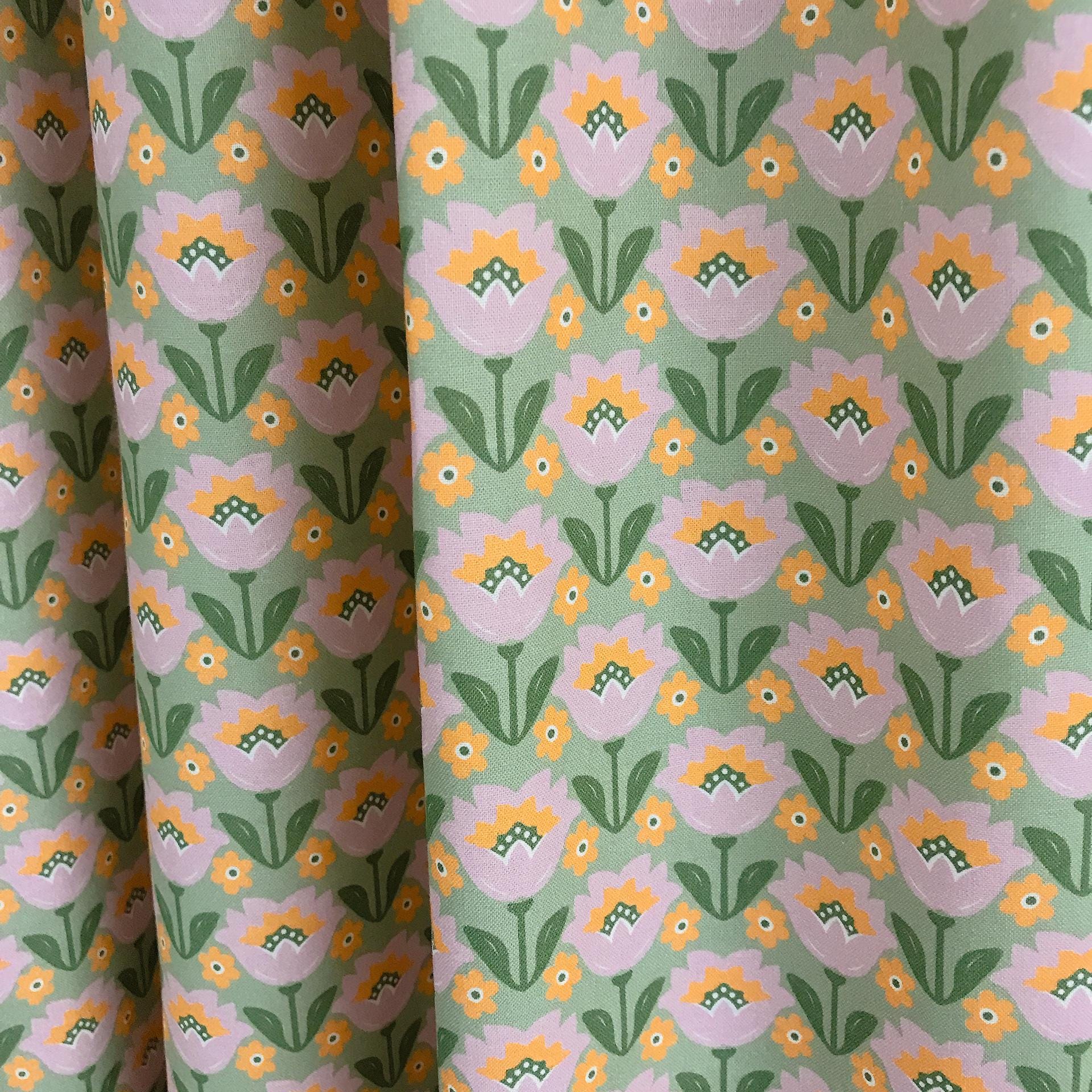 Lavender and Orange Tulip Curtain on Heritage Olive Green