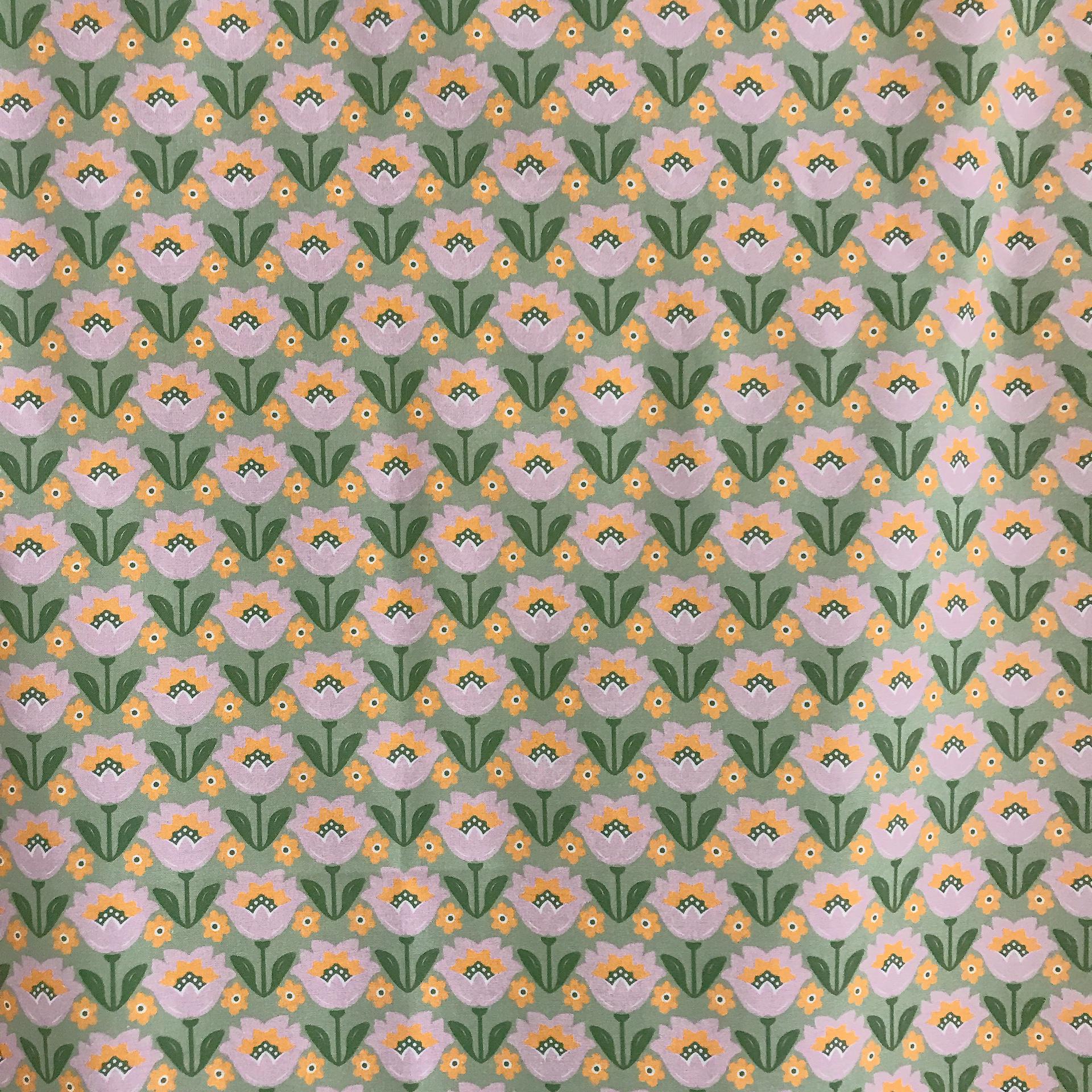 Lavender and Orange Tulip Curtain on Heritage Olive Green