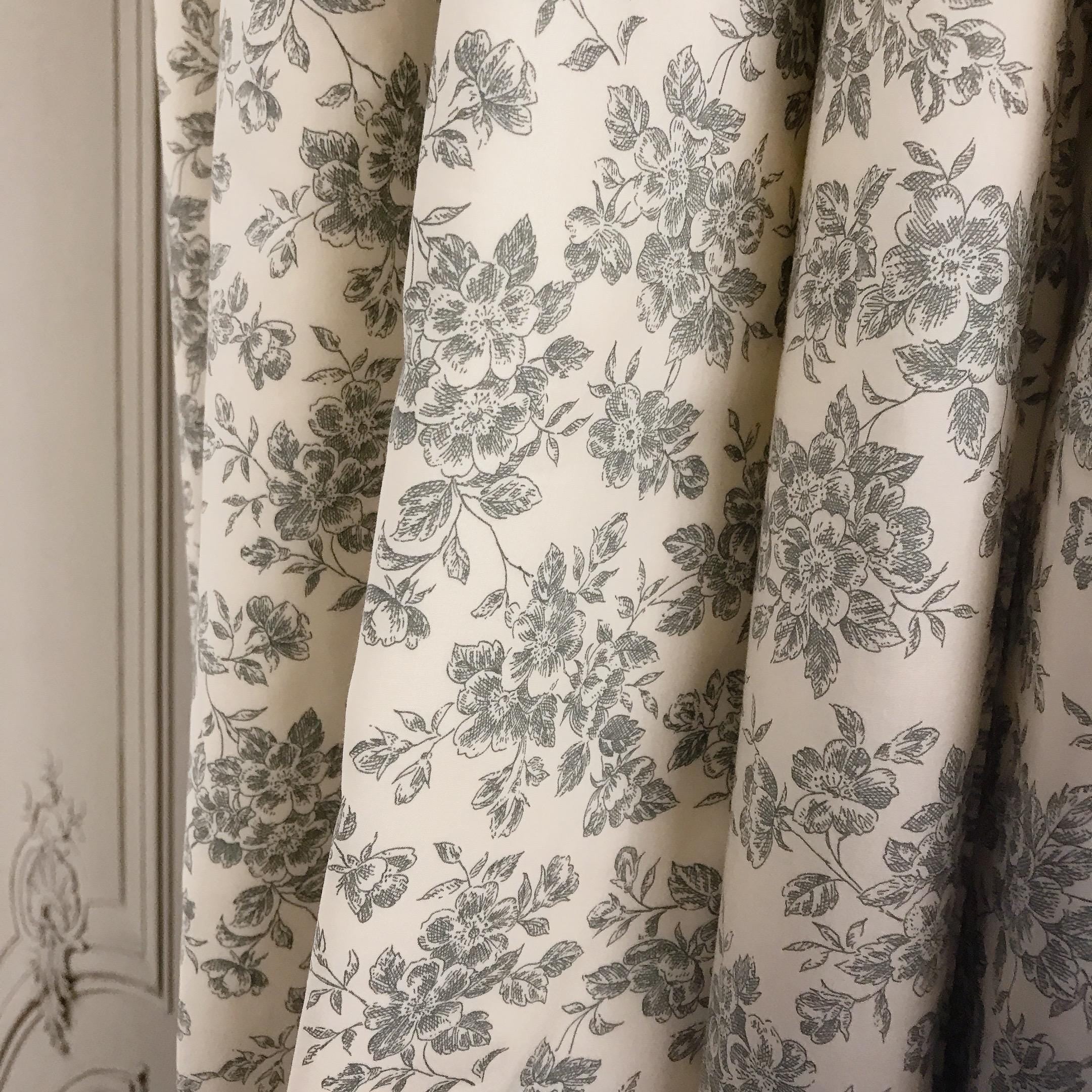 Soft Grey Floral Curtain on Ivory