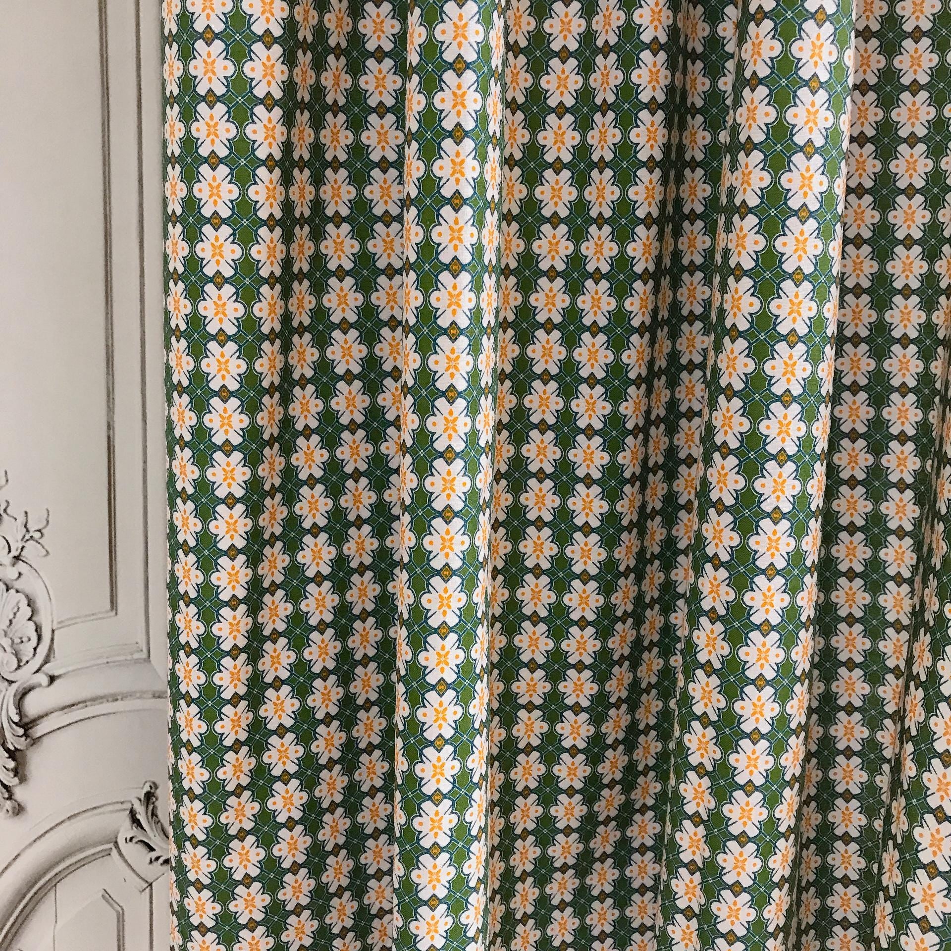 Orange Ivory Floral Curtain on Deep Green