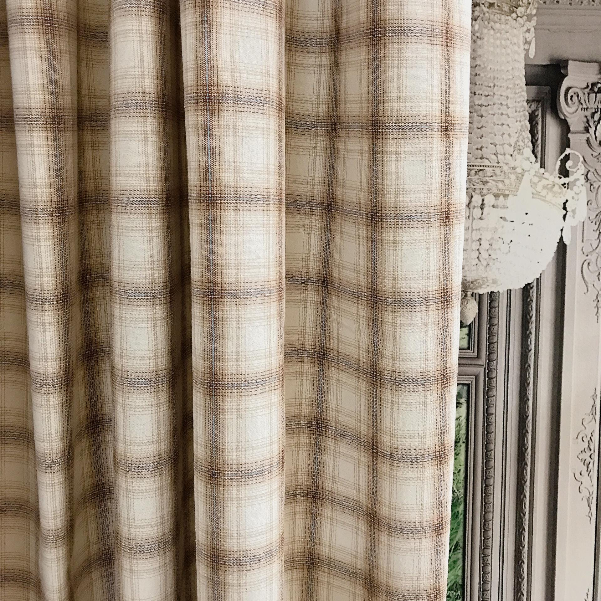 Brown and Blue Plaid Curtain on Natural Beige
