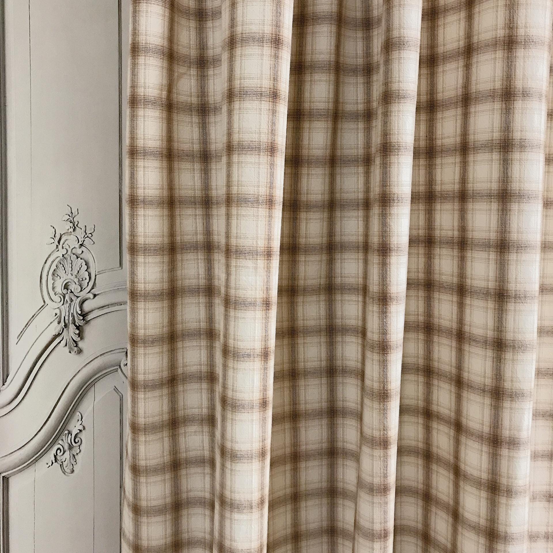 Brown and Blue Plaid Curtain on Natural Beige