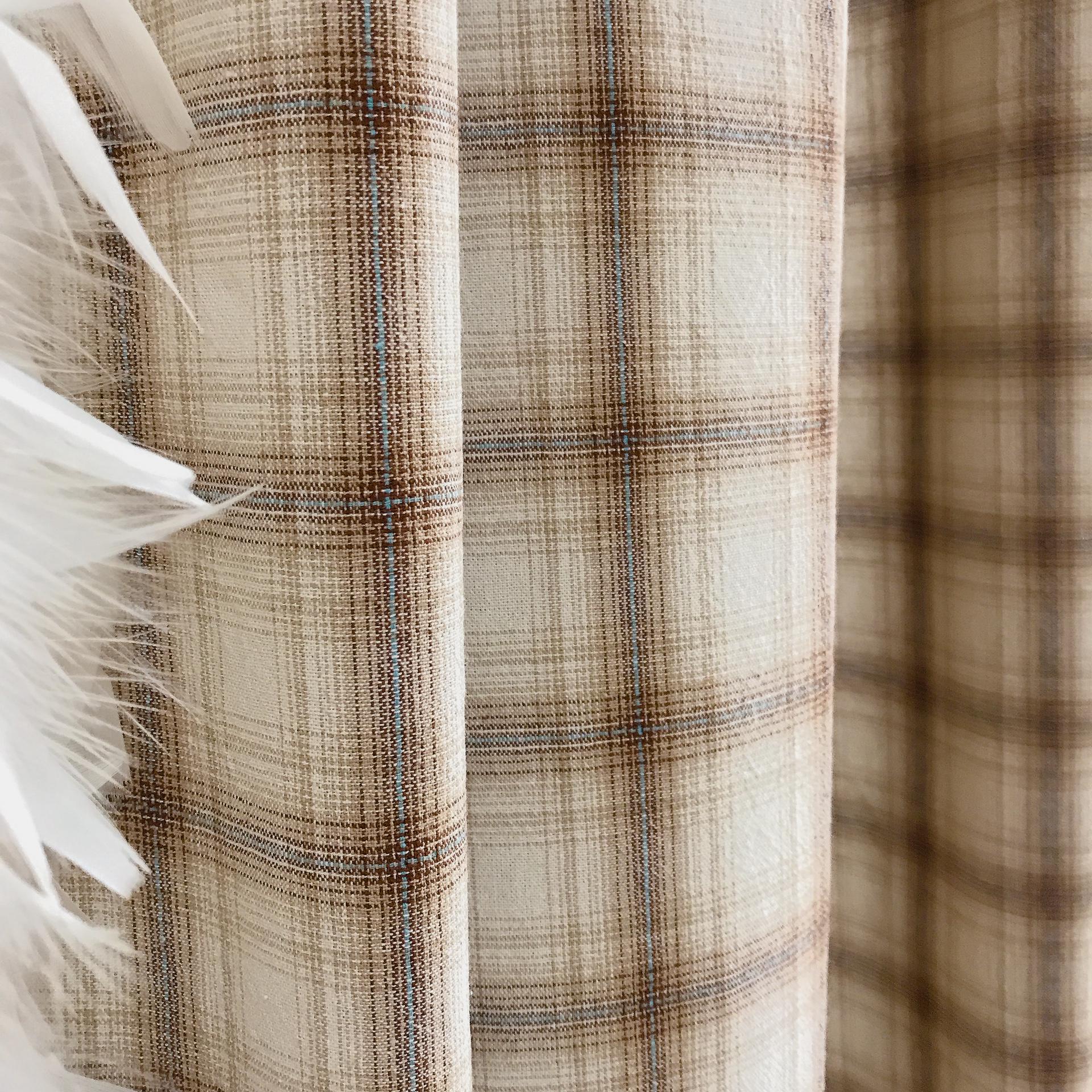 Brown and Blue Plaid Curtain on Natural Beige