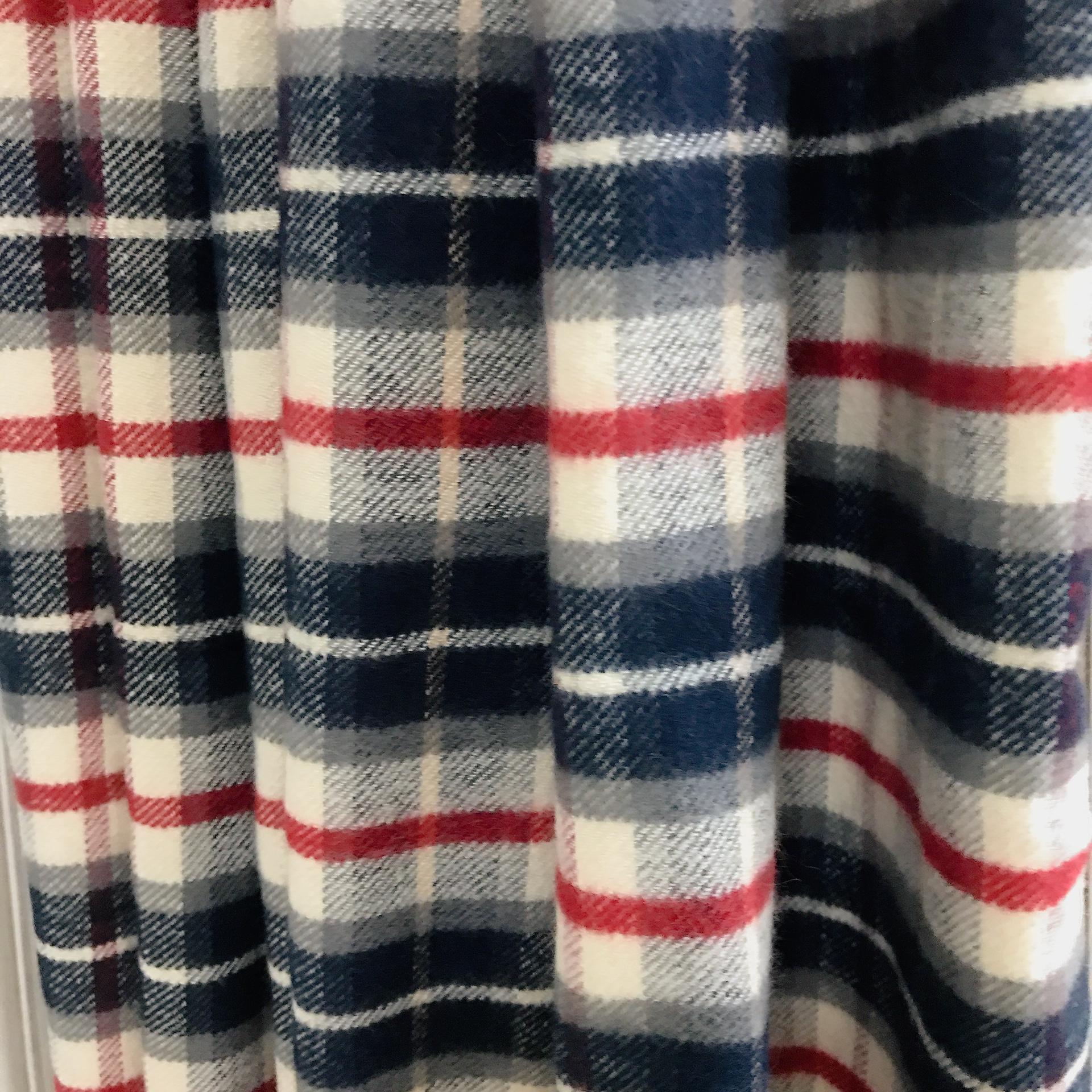 Deep Indigo Blue and Burgundy Plaid Curtain on Ivory