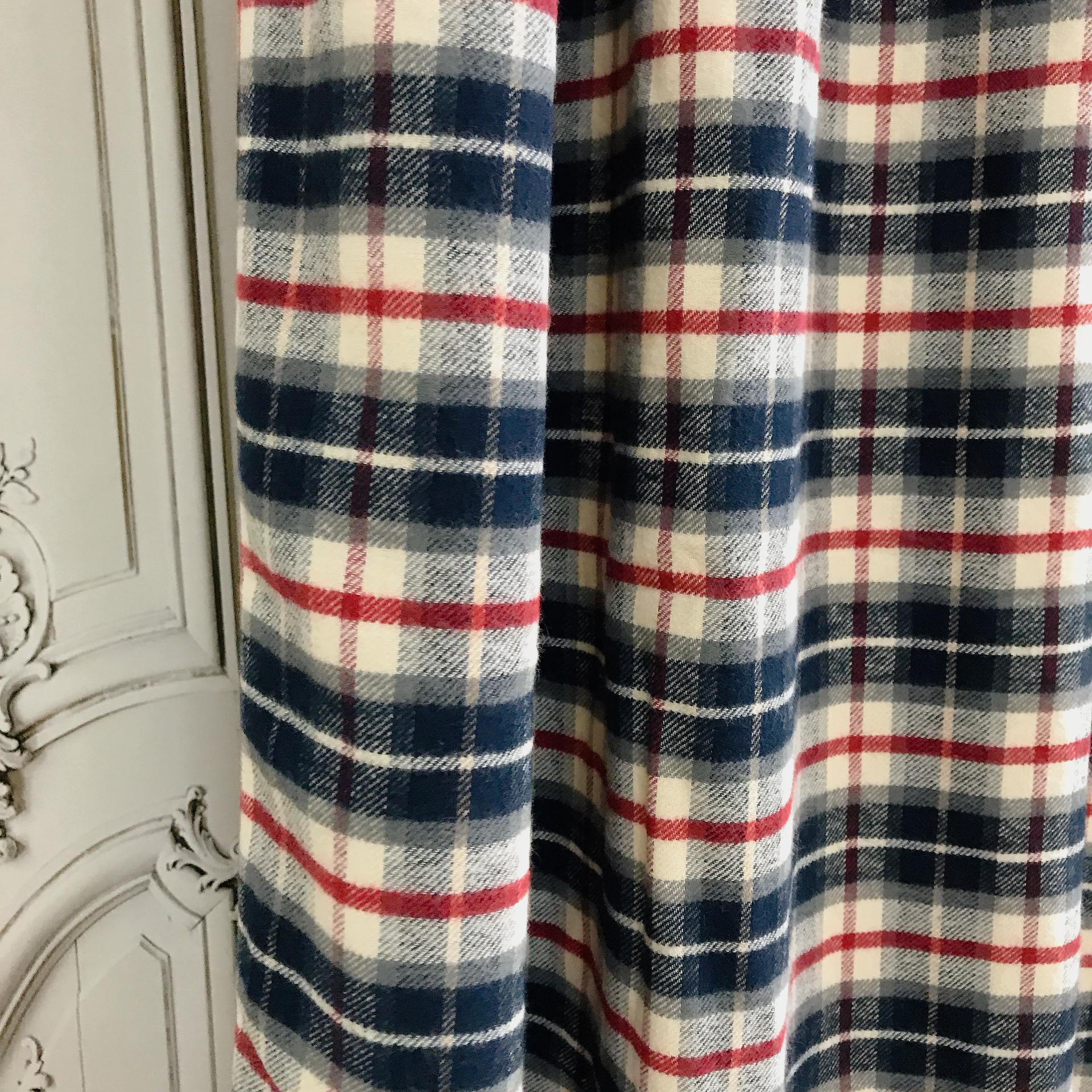 Deep Indigo Blue and Burgundy Plaid Curtain on Ivory