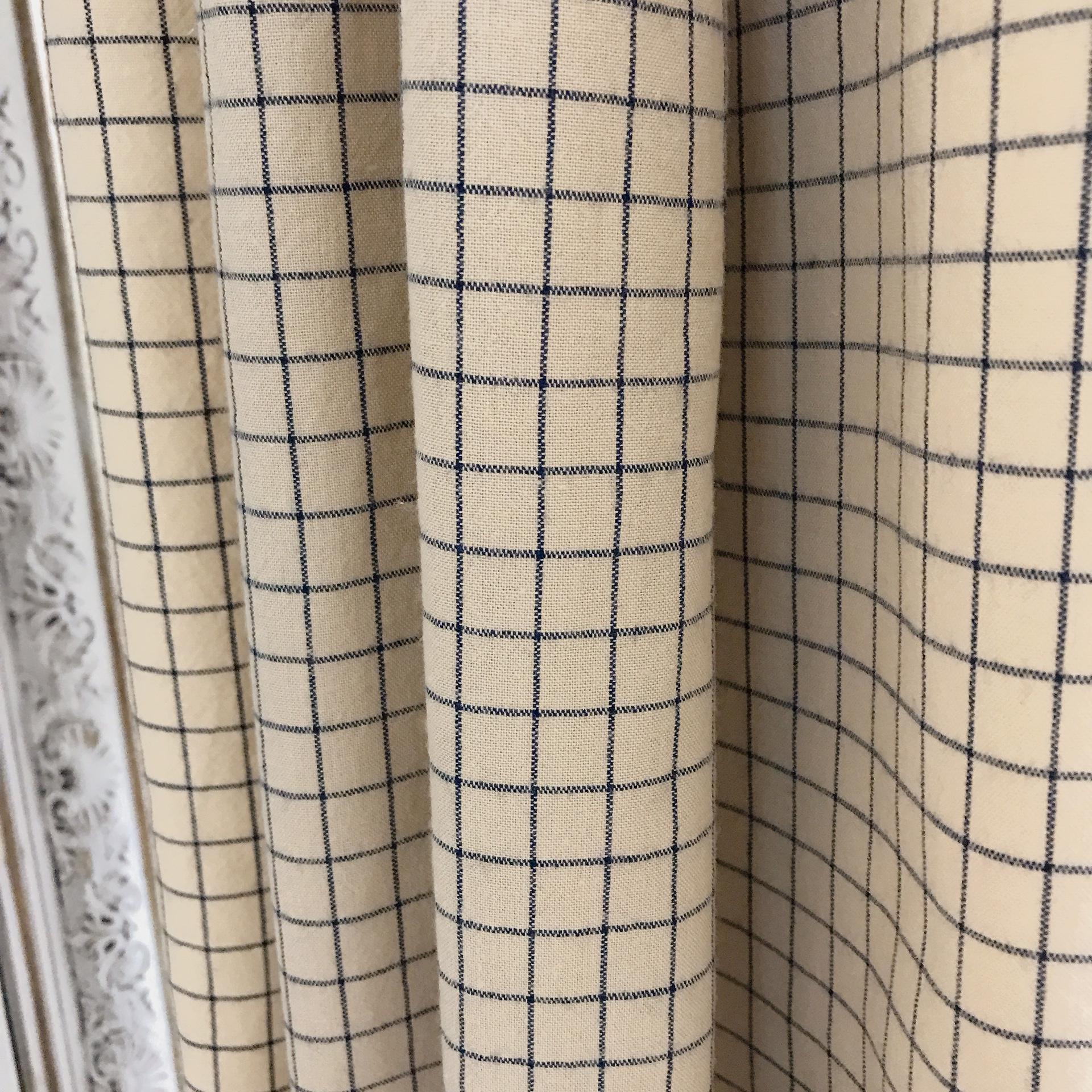 Navy Grid Check Curtain on Natural Beige