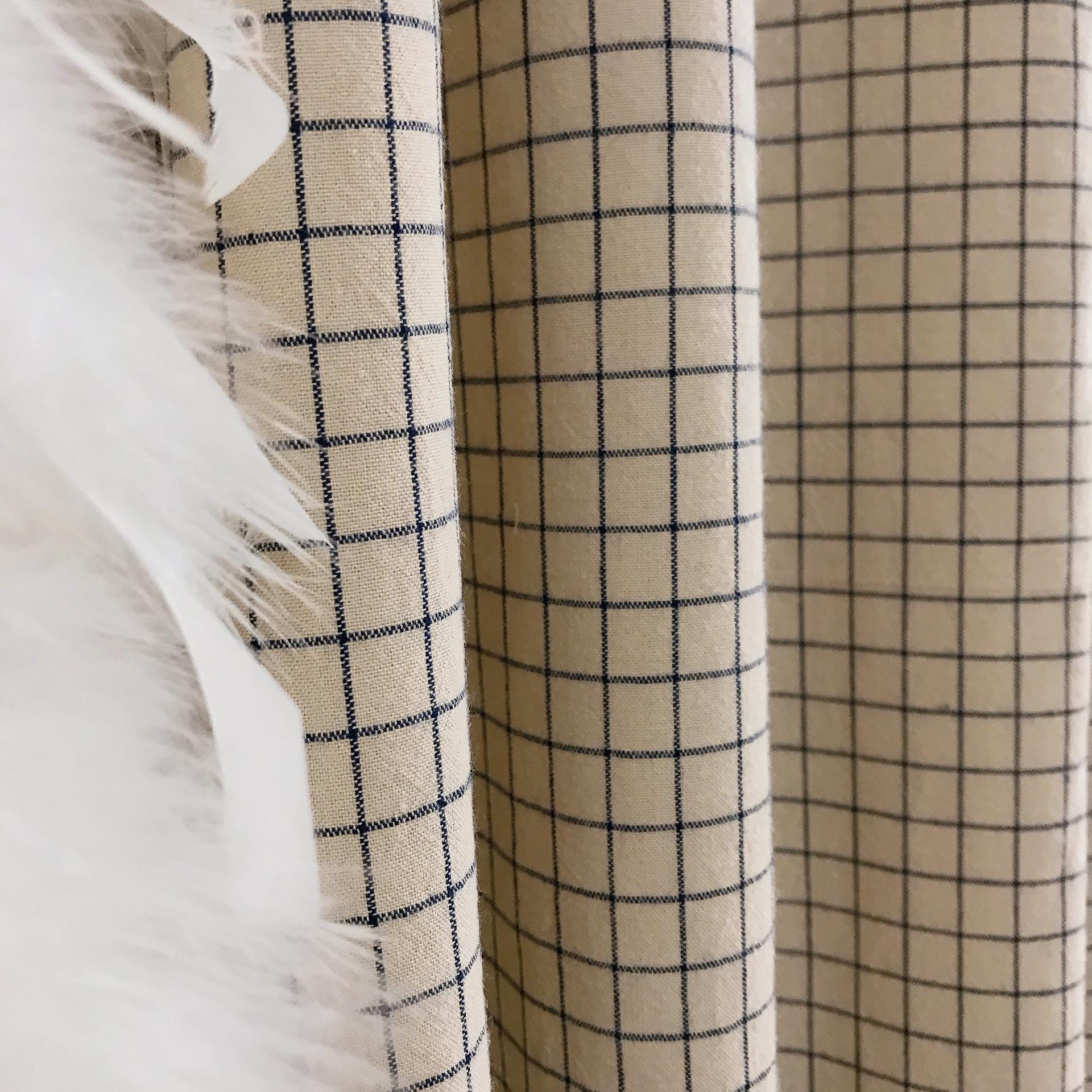 Navy Grid Check Curtain on Natural Beige